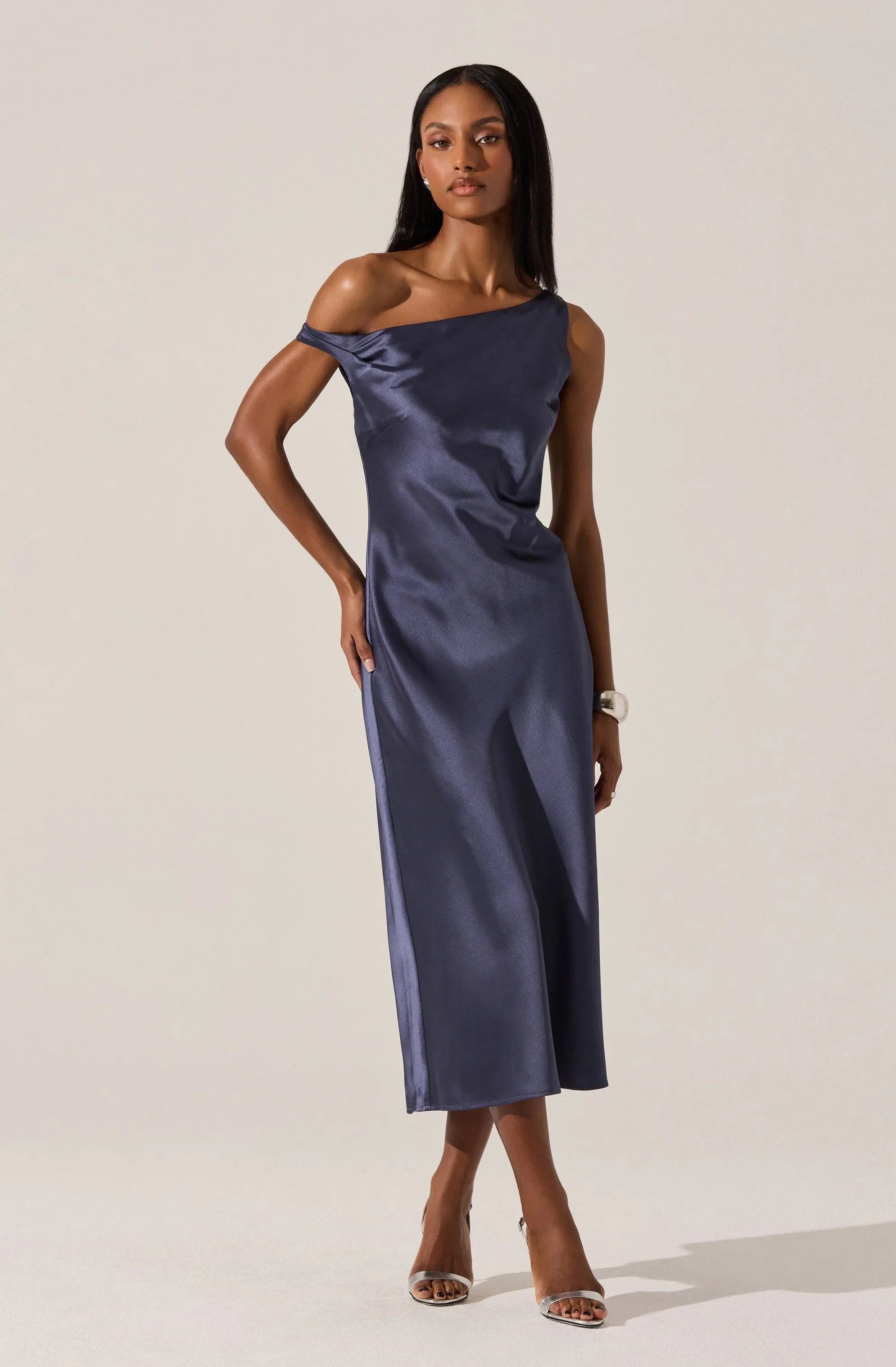 Elain Satin Off Shoulder Midi Dress