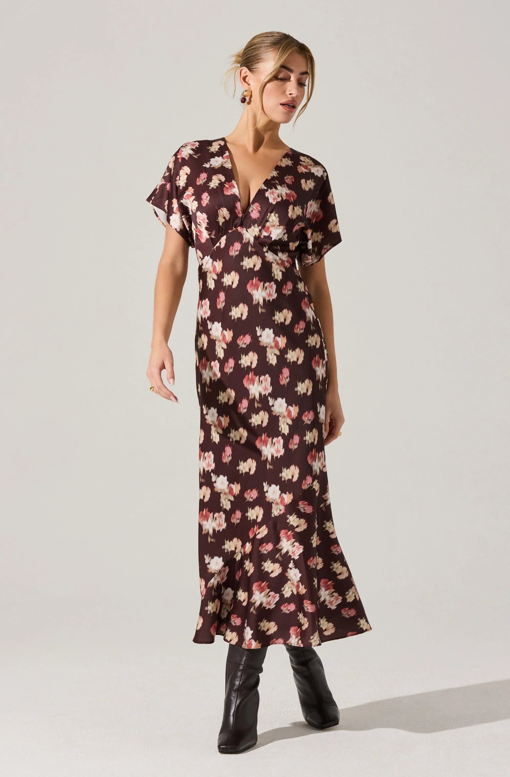 Talyha Floral Satin V-Neck Midi Dress