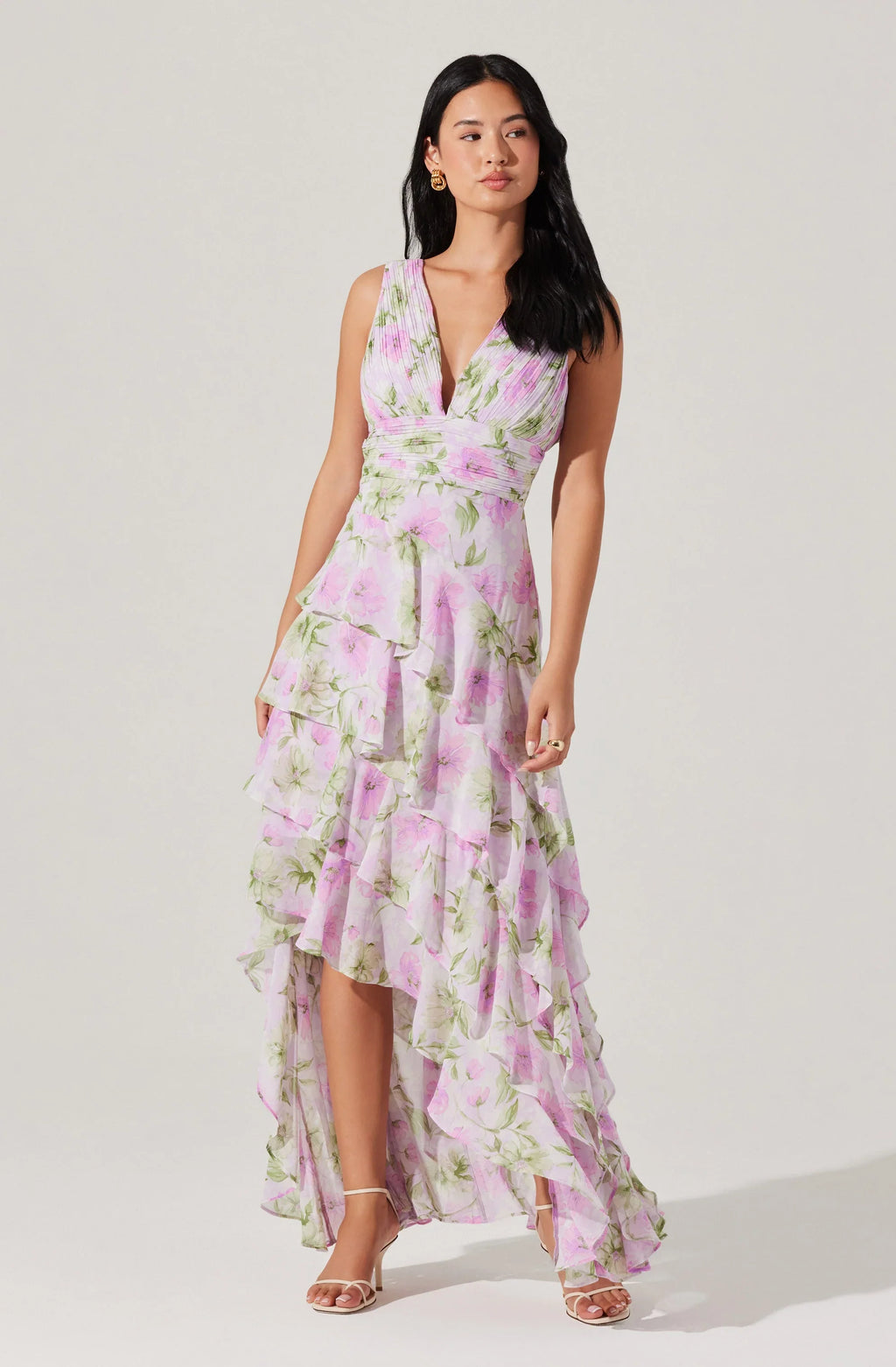 Cytherea Asymmetric Floral Ruffle Midi Dress