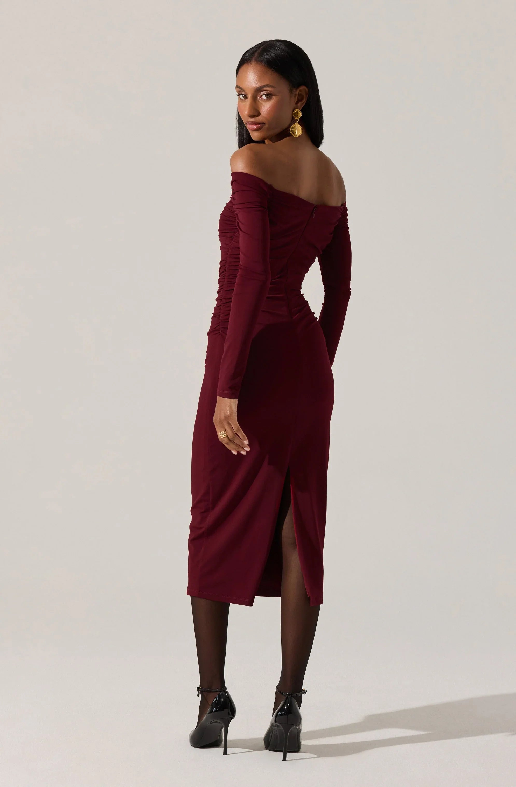 Lovinia Ruched Off Shoulder Midi Dress