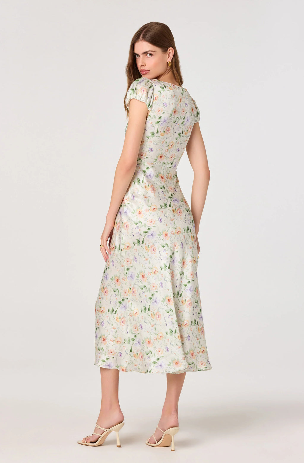 Makaela Puff Sleeve Floral Satin Midi Dress