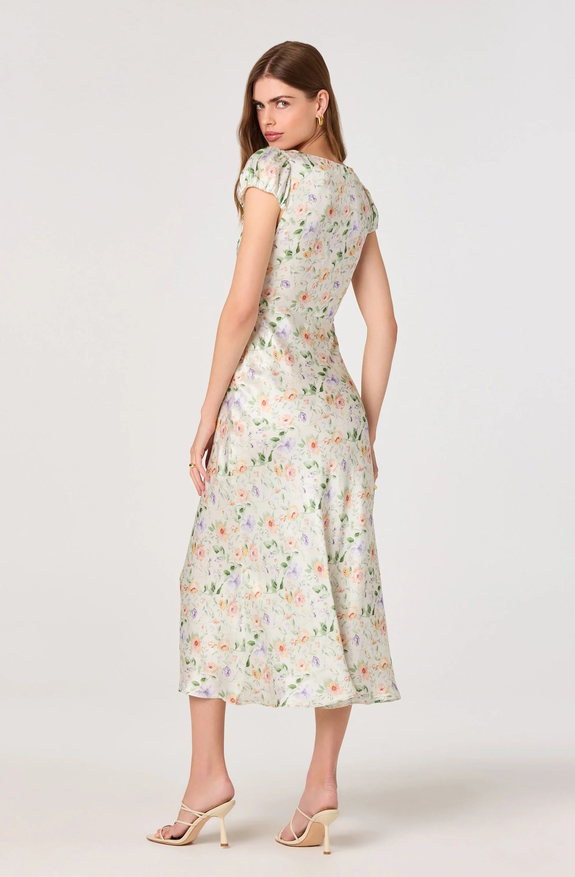 Makaela Puff Sleeve Floral Satin Midi Dress