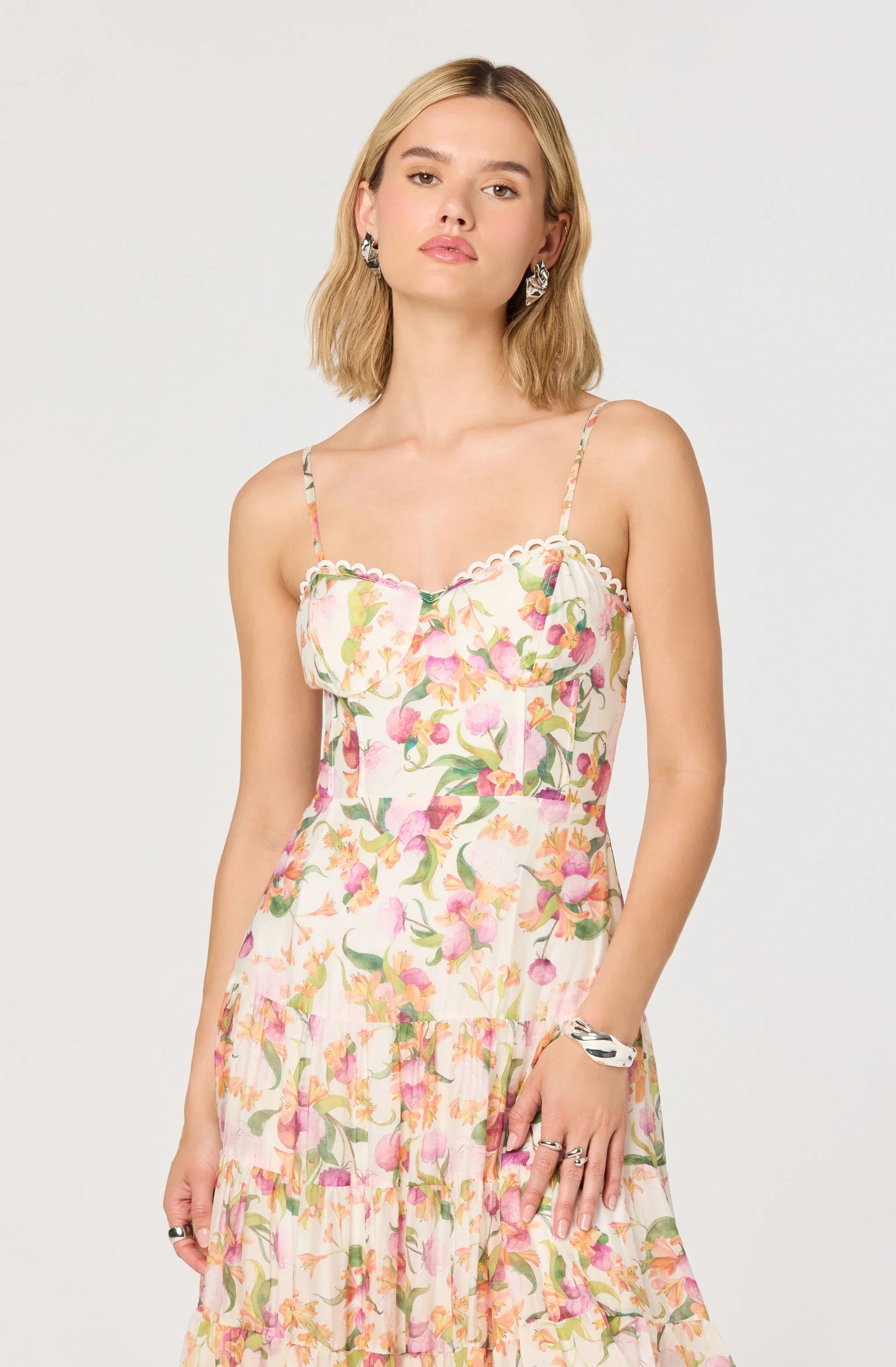 Lianna Floral Scalloped Trim Tiered Maxi Dress