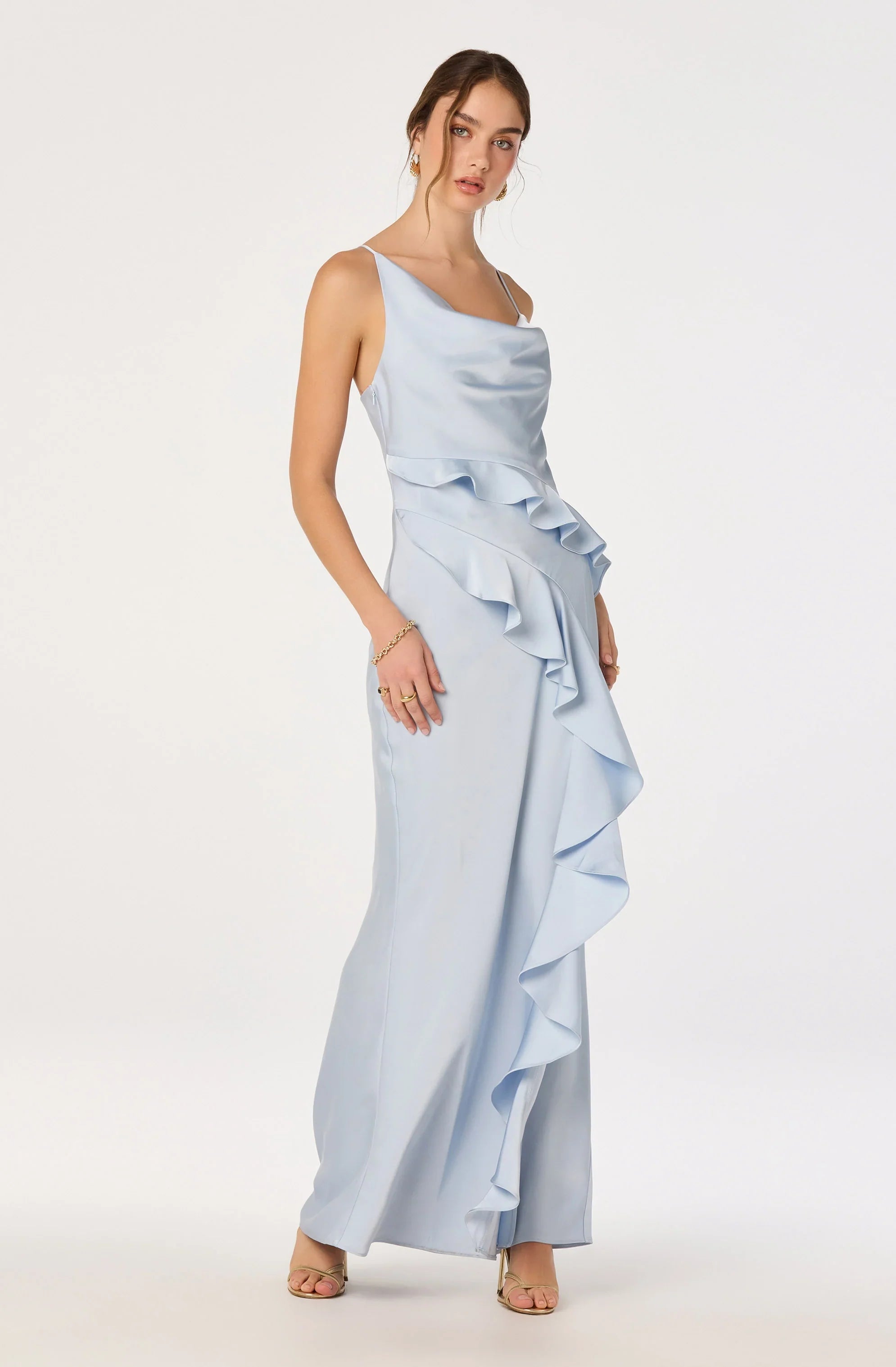 Adelina Satin Ruffle Maxi Dress