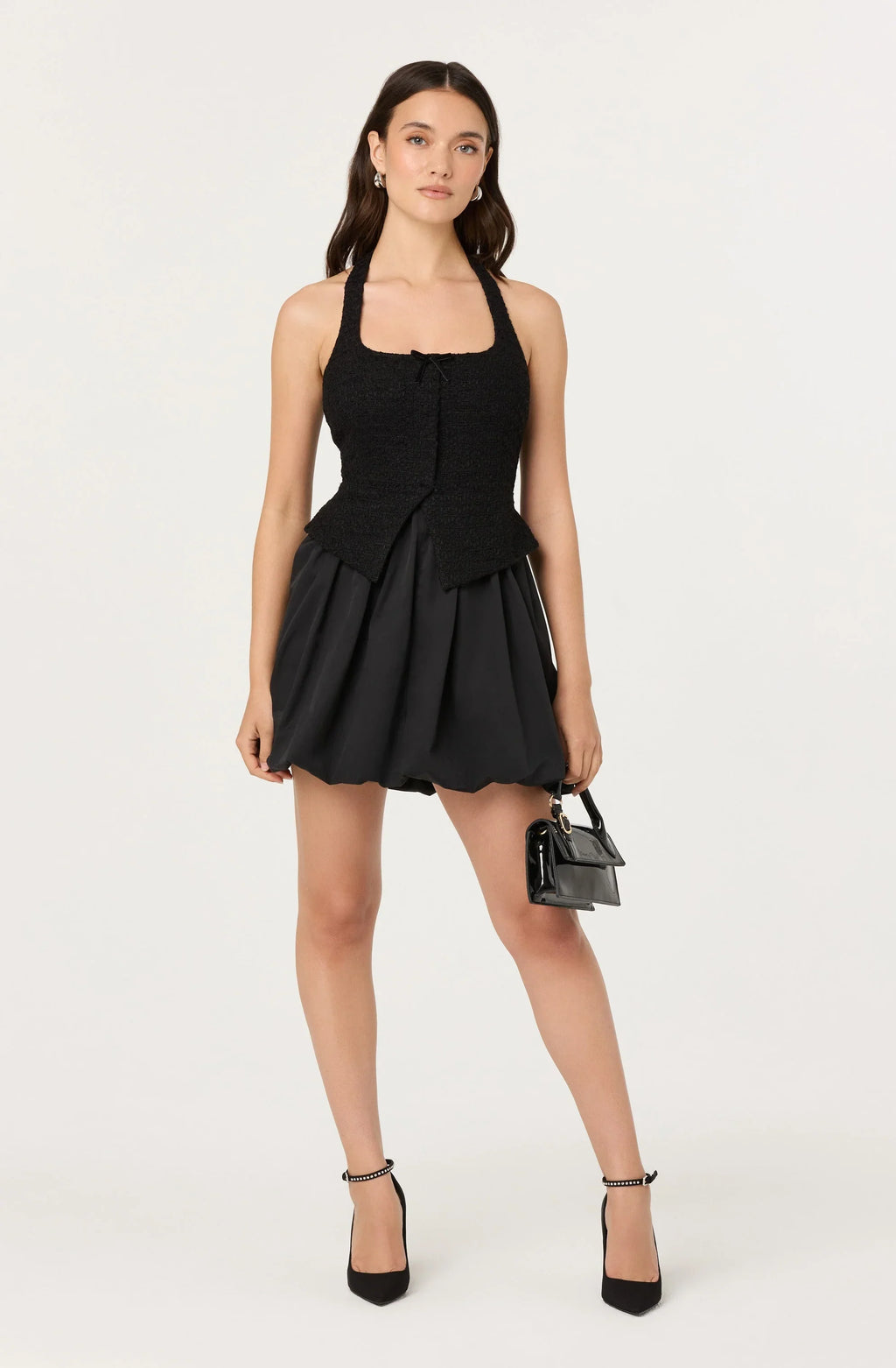 Giavanna Mixed Media Halter Mini Dress