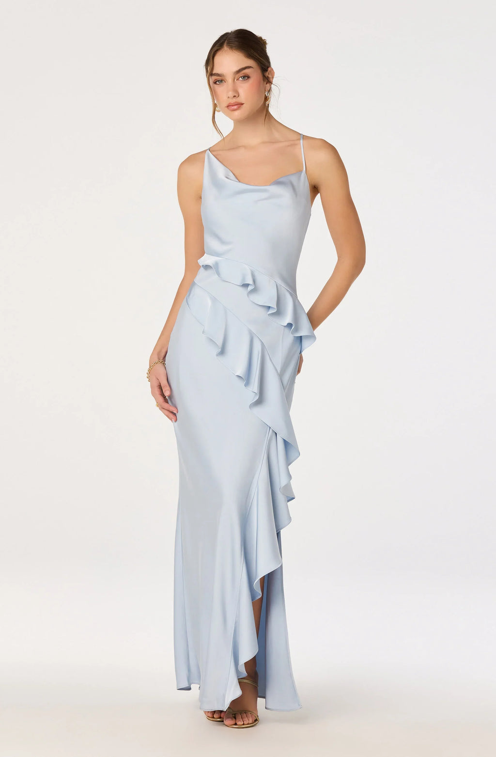 Adelina Satin Ruffle Maxi Dress