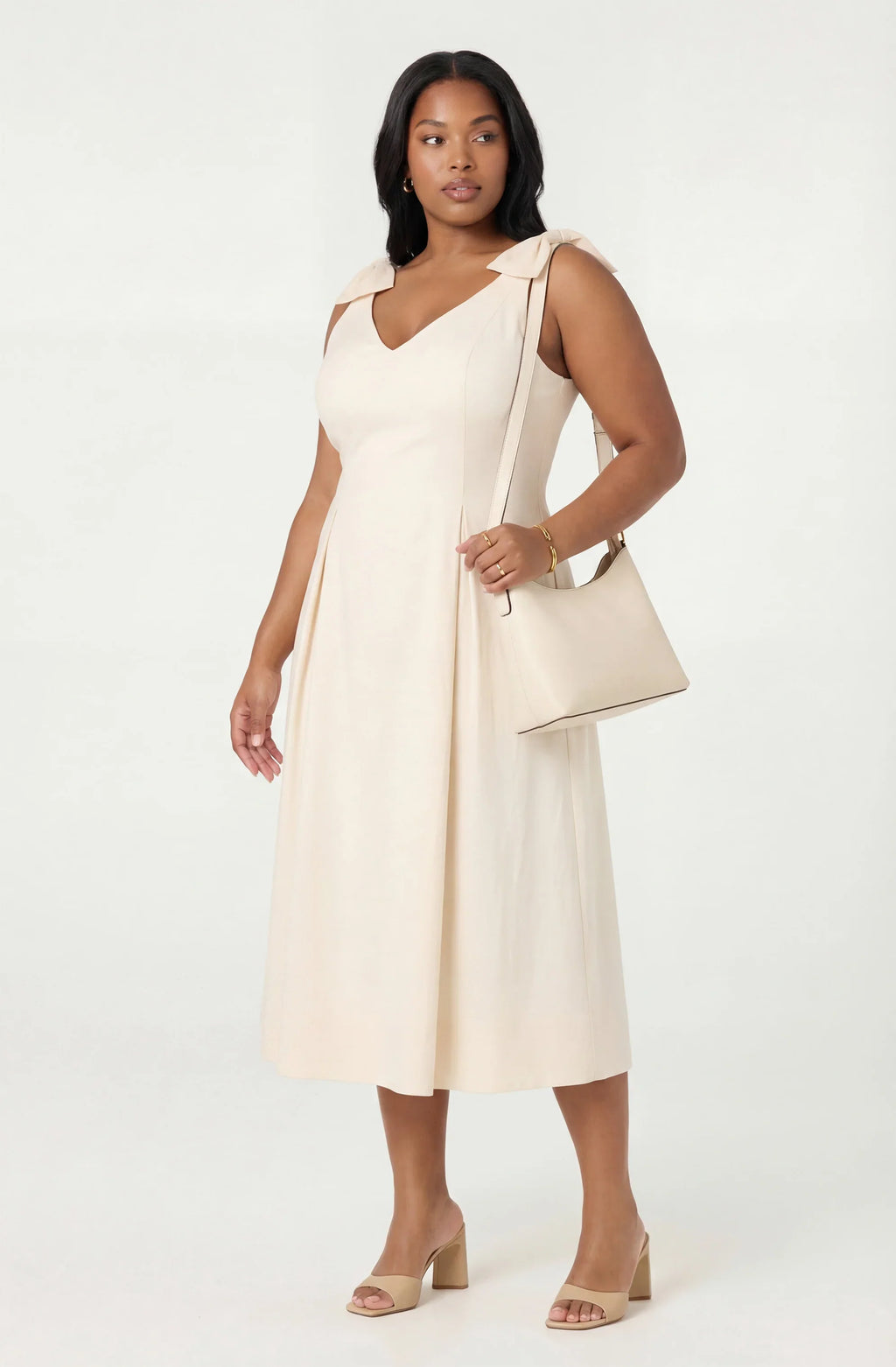 Joleena Linen Bow-Strap Midi Dress