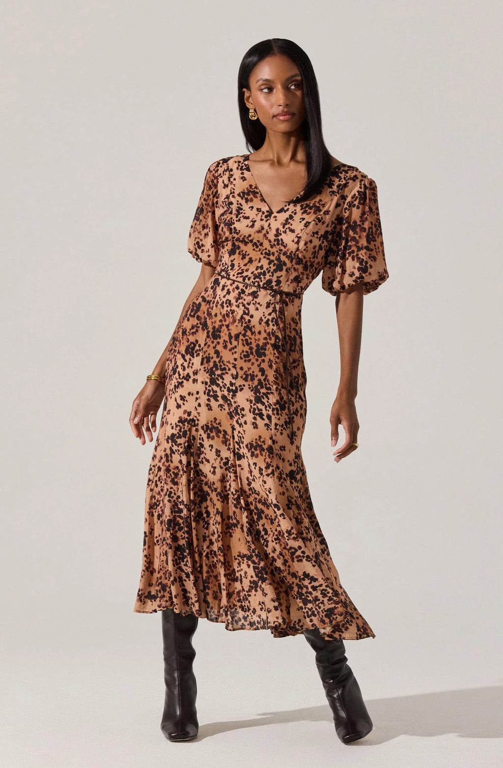 Lavena V-Neck Puff Sleeve Midi Dress