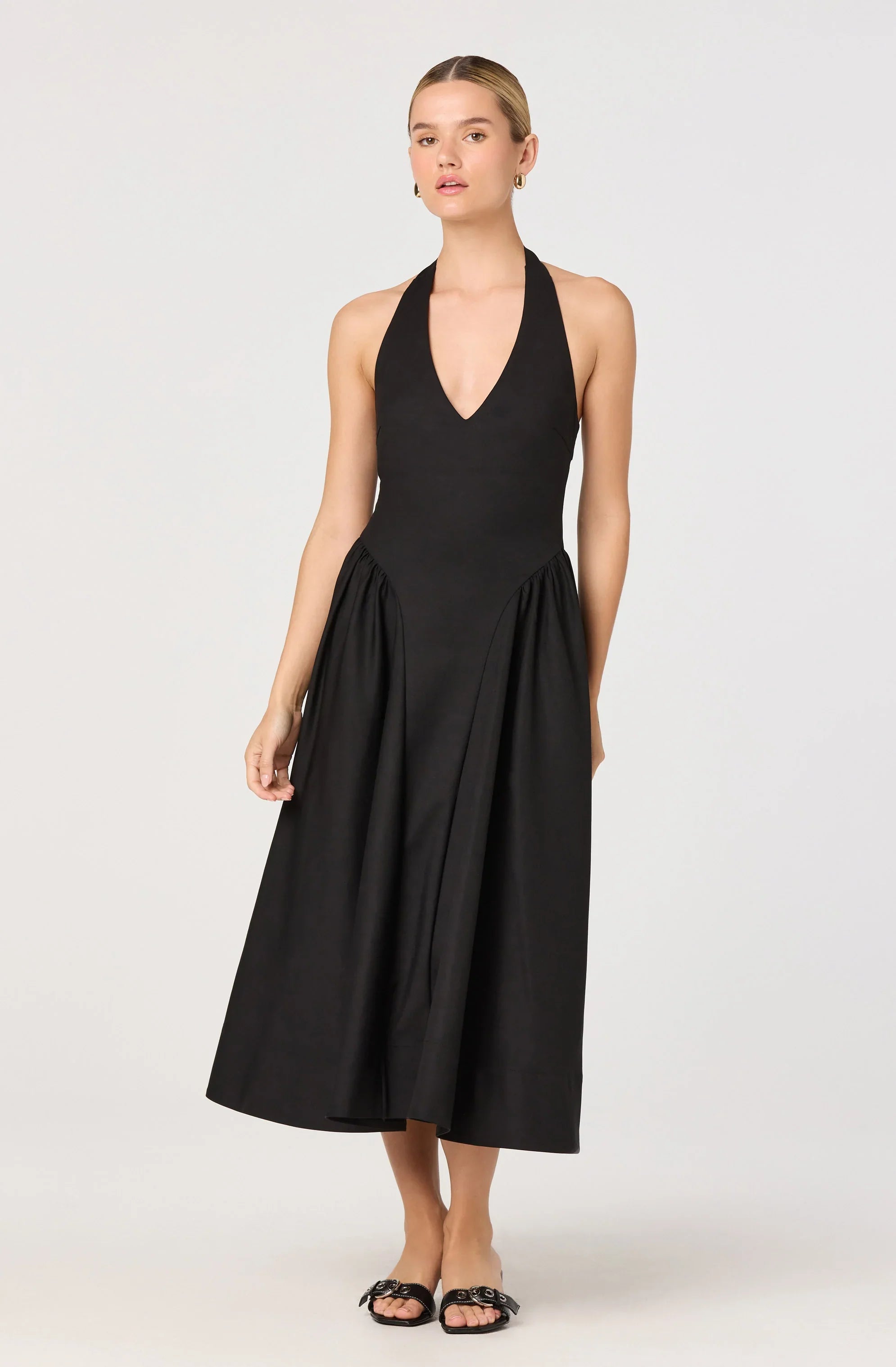 Meana Halter Plunge Drop-Waist Midi Dress