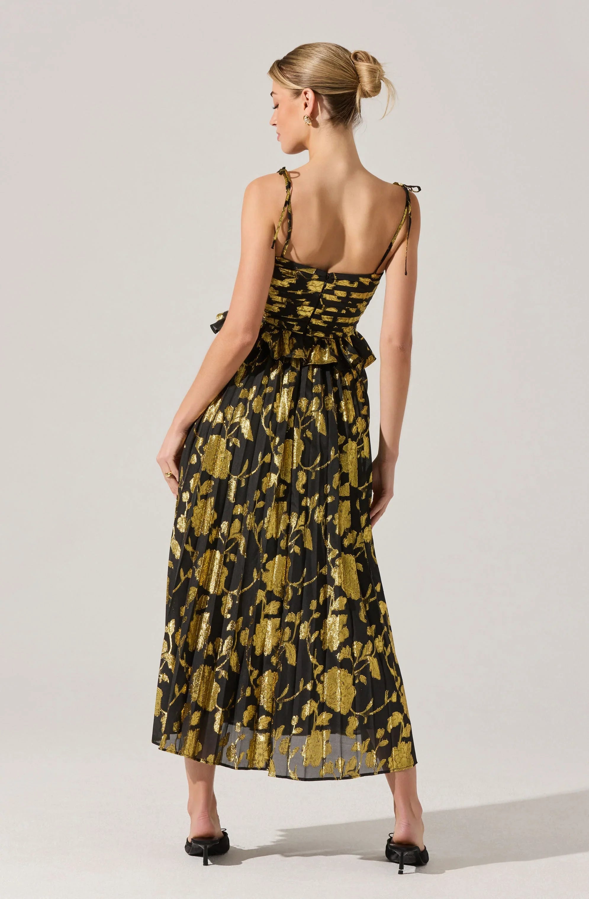 Emerys Pleated Metallic Floral Maxi Dress