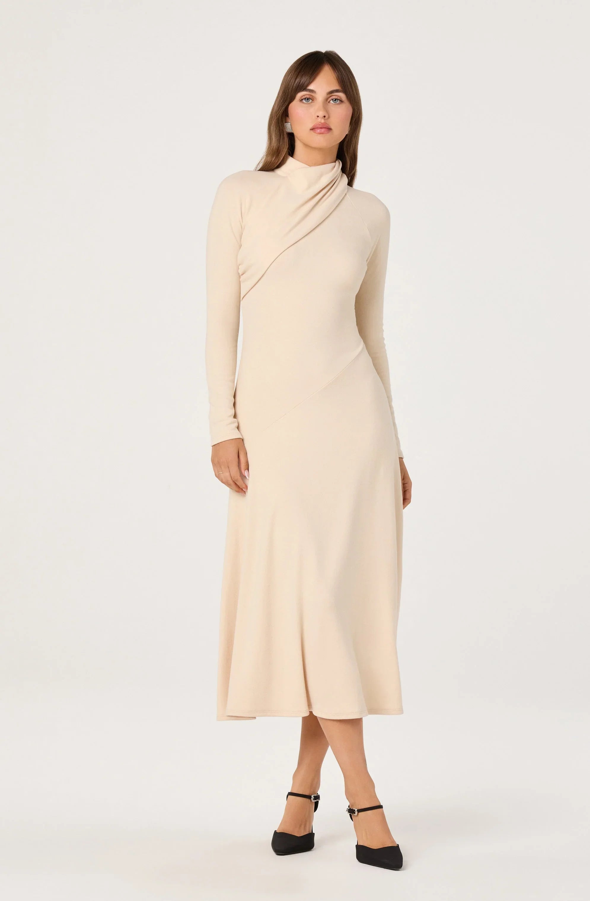Asymmetric Draped Mock Neck Midi Dress