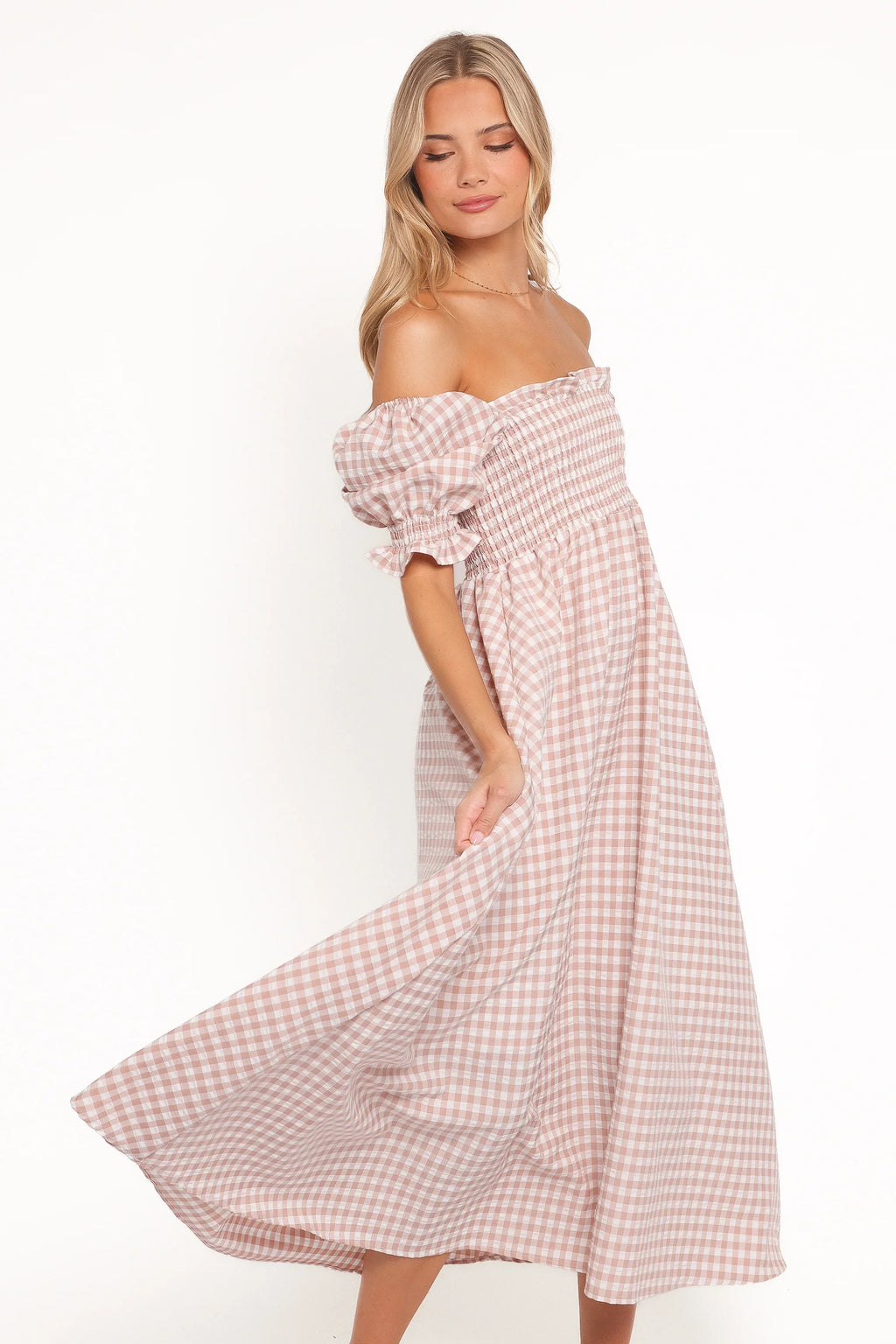 Siun Short Sleeve Midi Dress - Brown Gingham