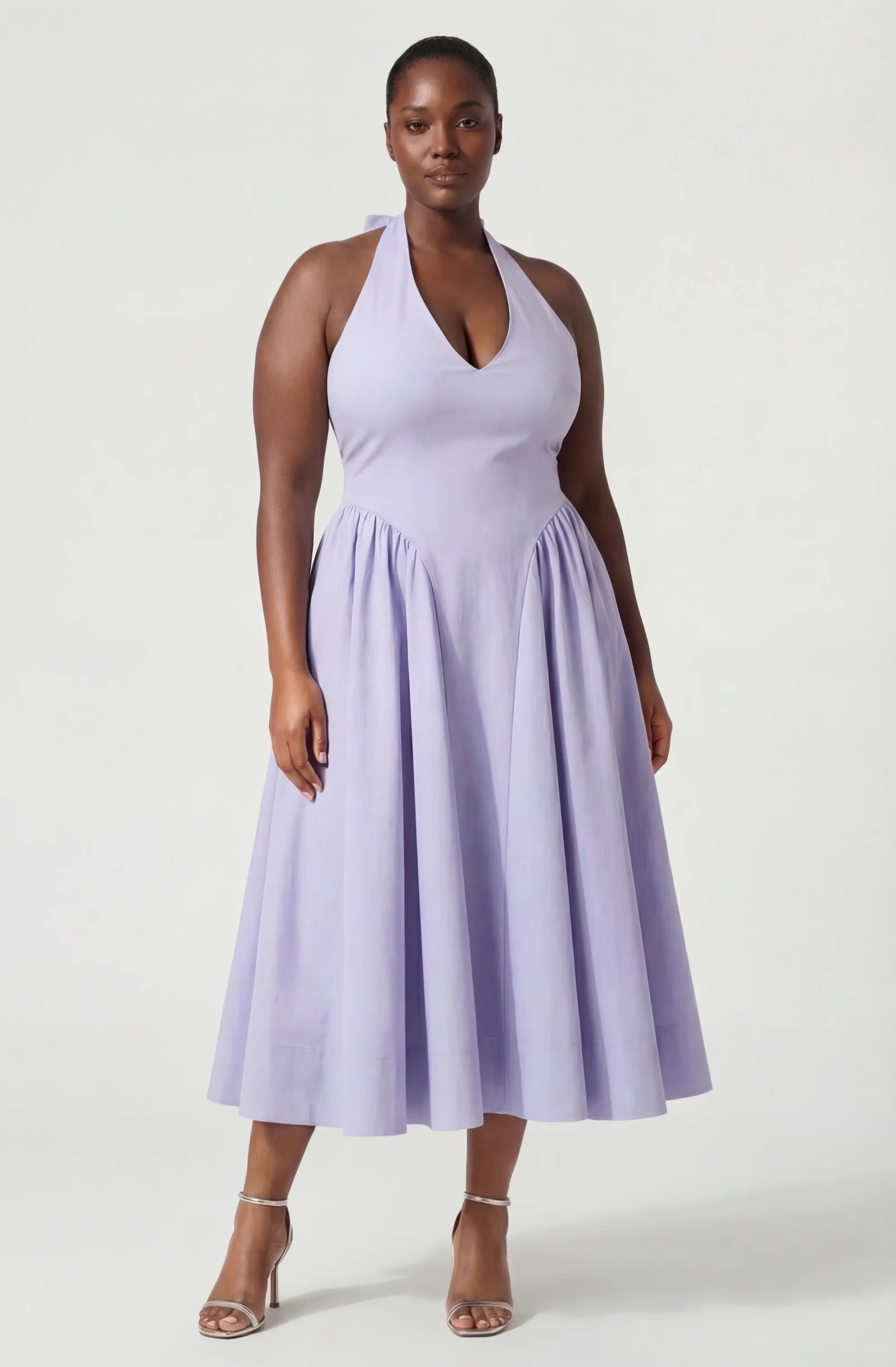 Meana Halter Plunge Drop-Waist Midi Dress