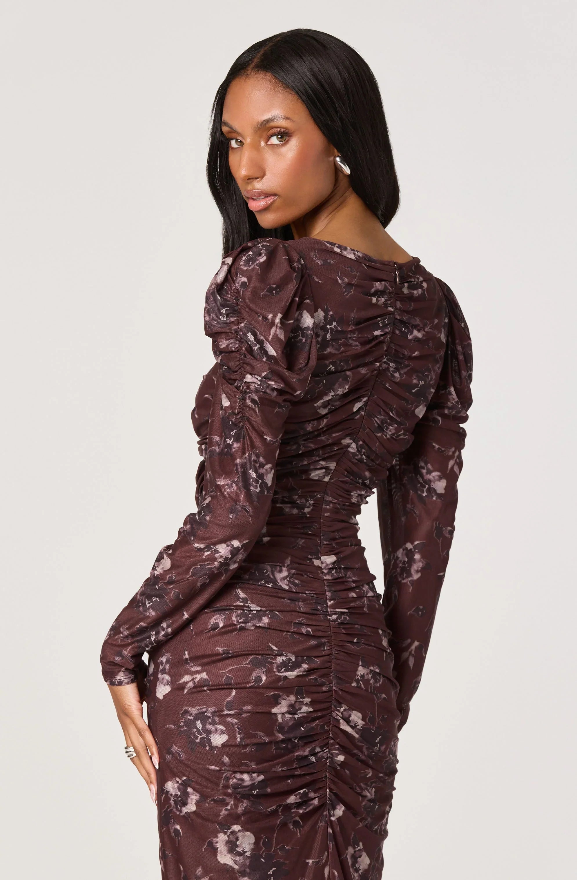 Ruched Mesh Midi Dress
