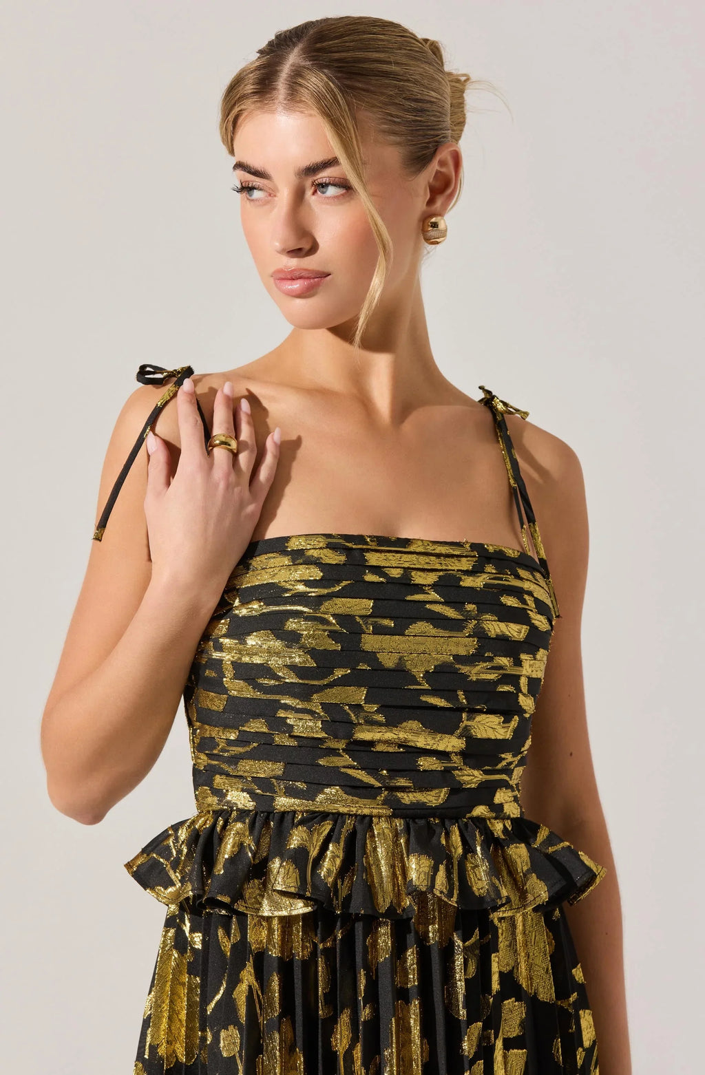 Emerys Pleated Metallic Floral Maxi Dress