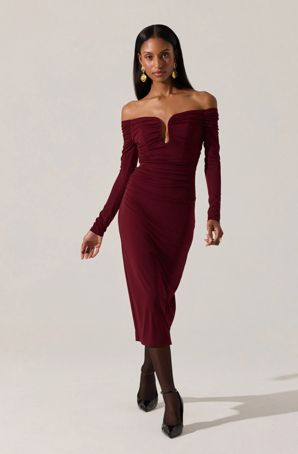 Lovinia Ruched Off Shoulder Midi Dress