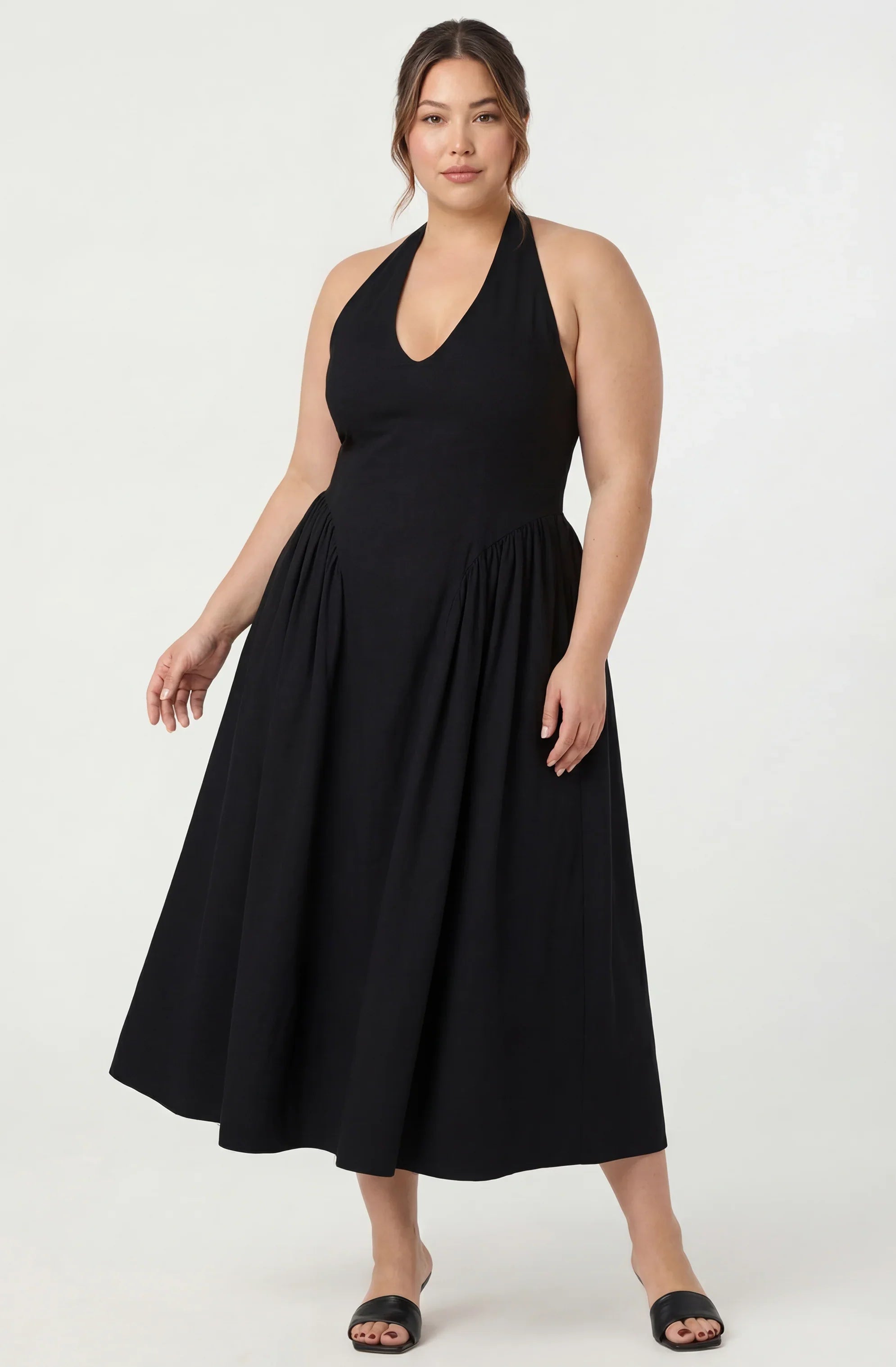 Meana Halter Plunge Drop-Waist Midi Dress