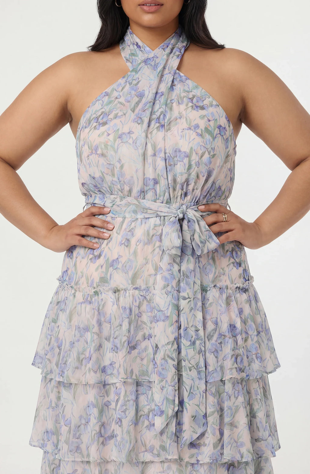 Adamaris Floral Halter Tiered Ruffle Maxi Dress