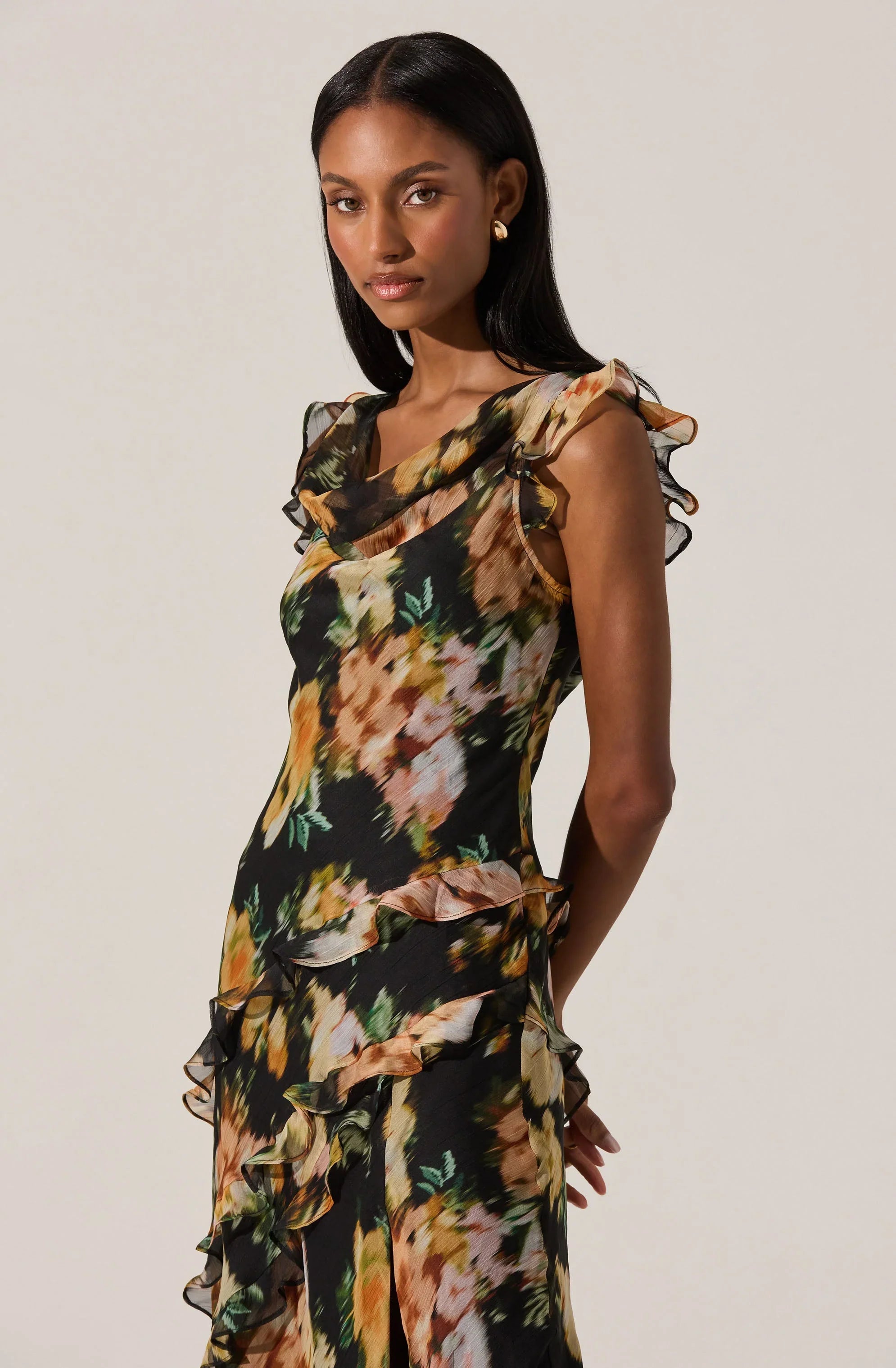 Alinta Floral Ruffle Cowl Neck Midi Dress