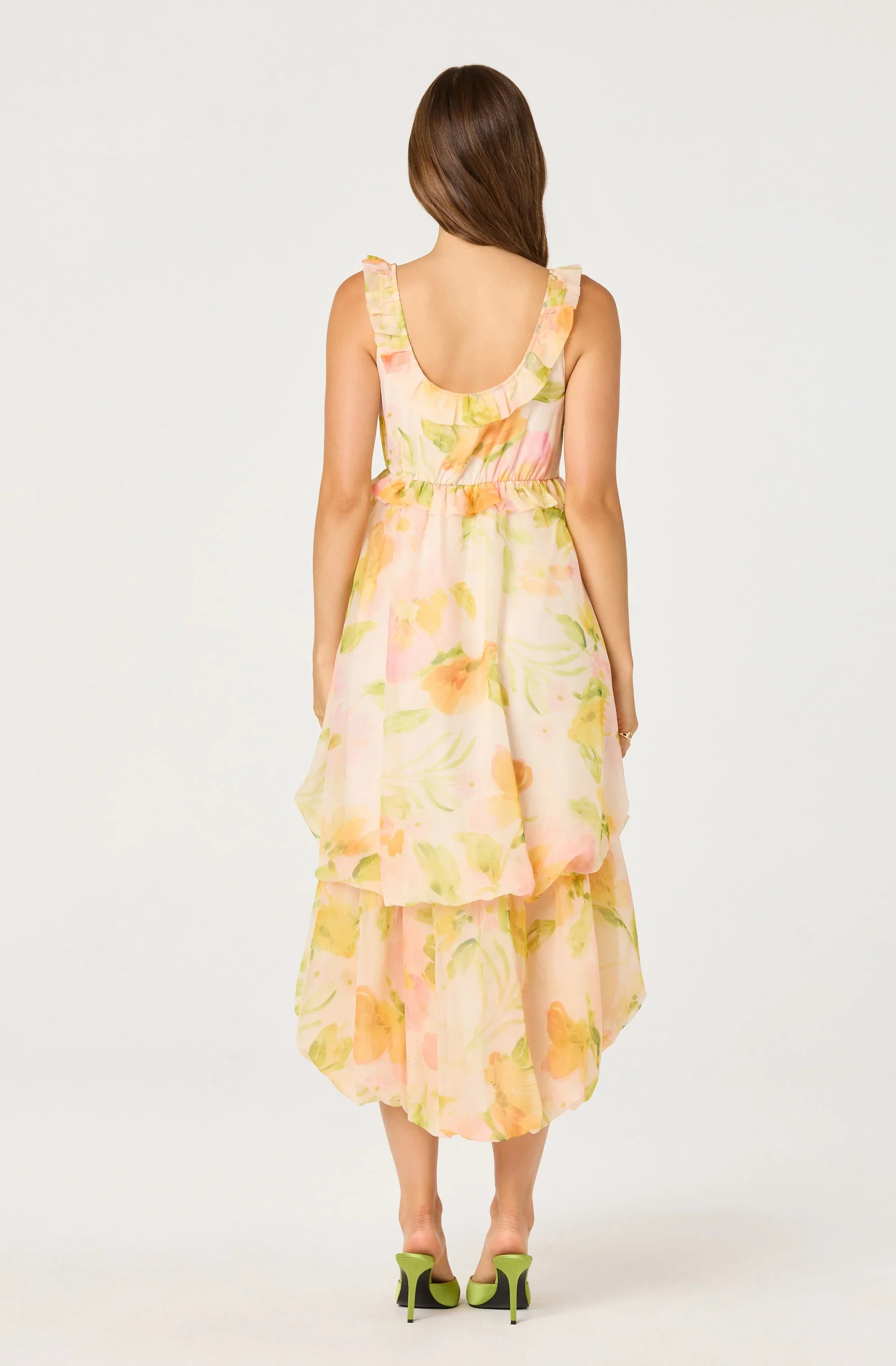 Serenidy Floral Ruffle Tiered High-Low Midi Dress