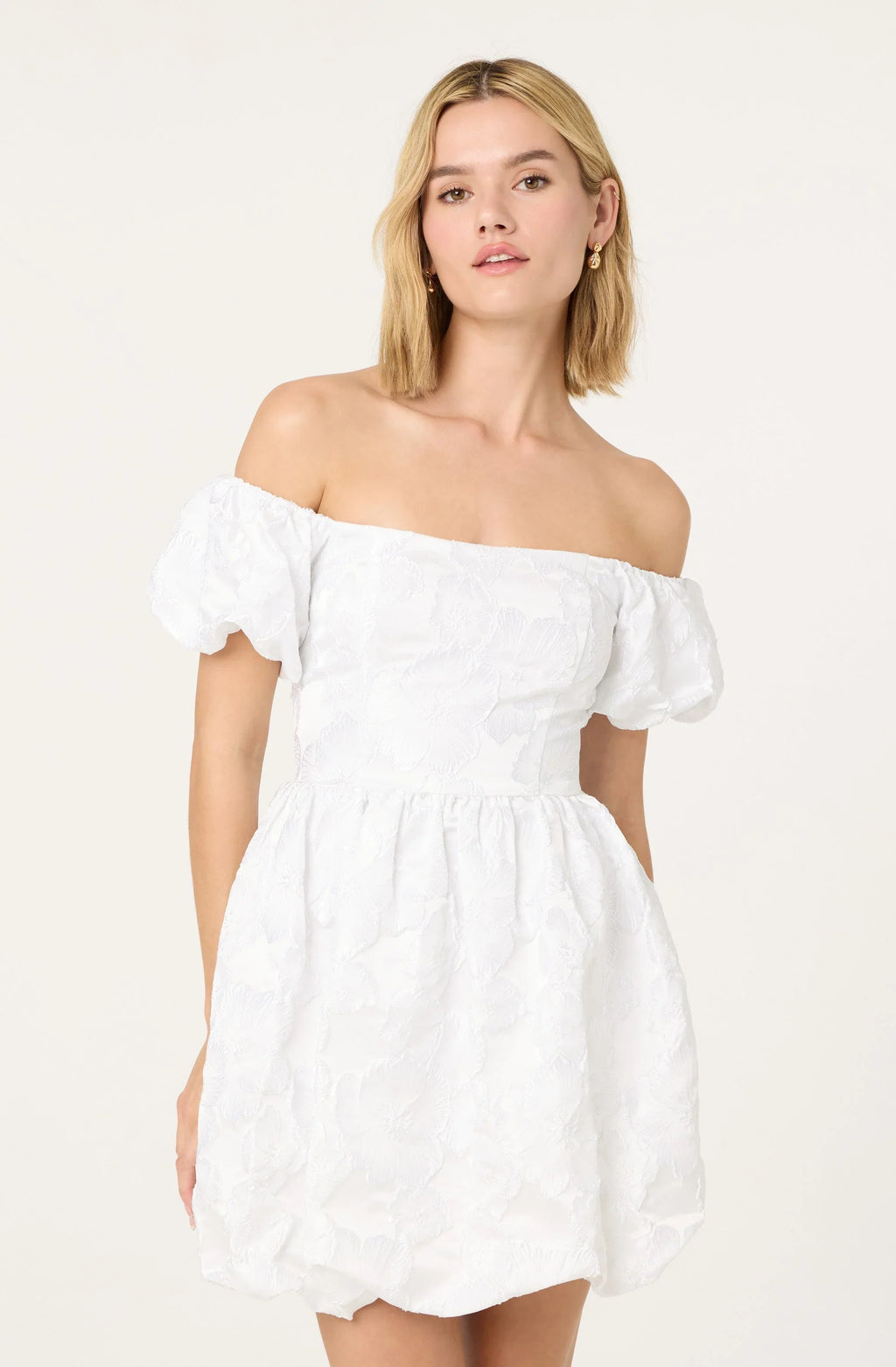 Off Shoulder Floral Jacquard Bubble Dress