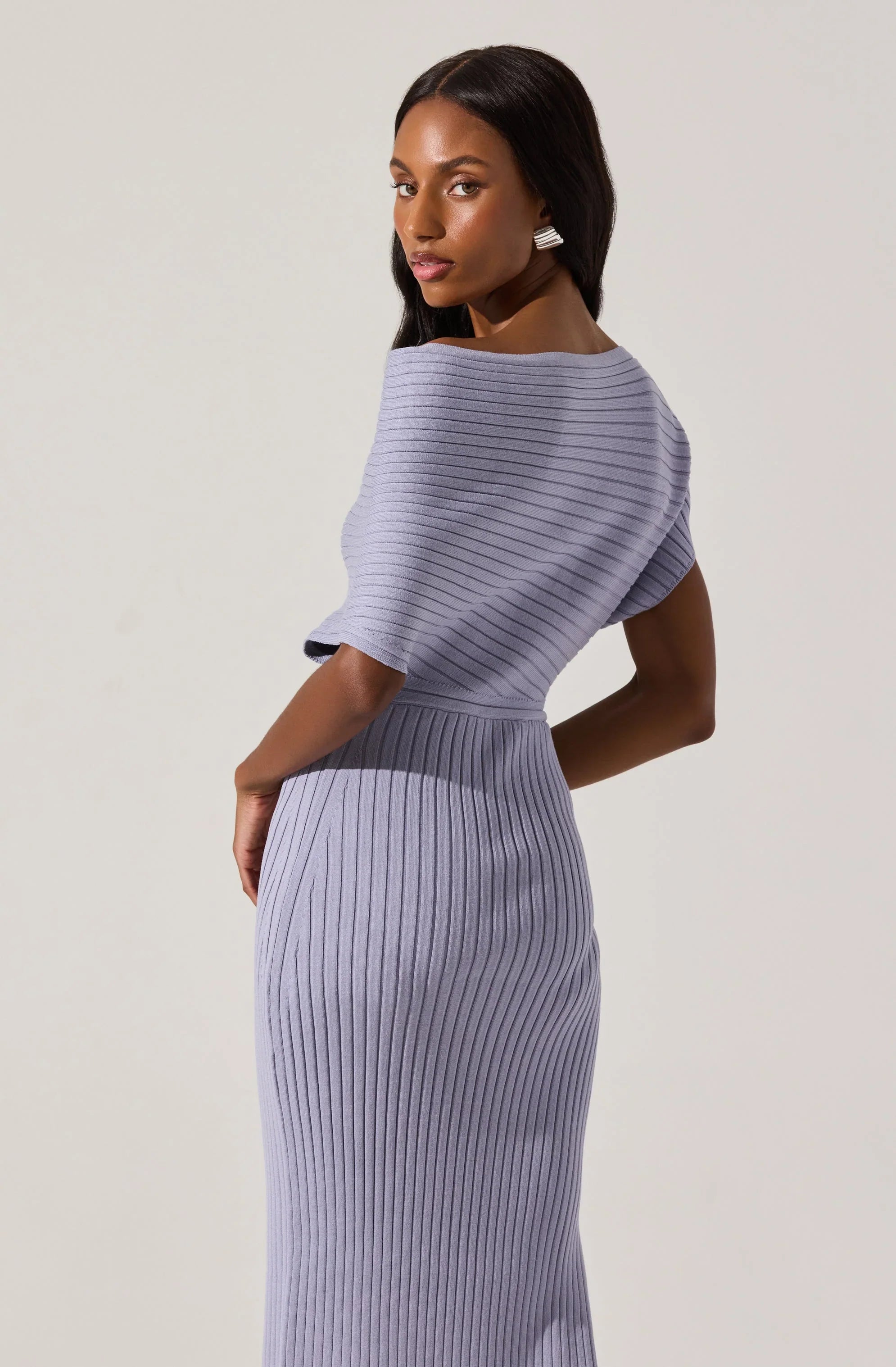 Off Shoulder Ribbed Midi Sweater Dress