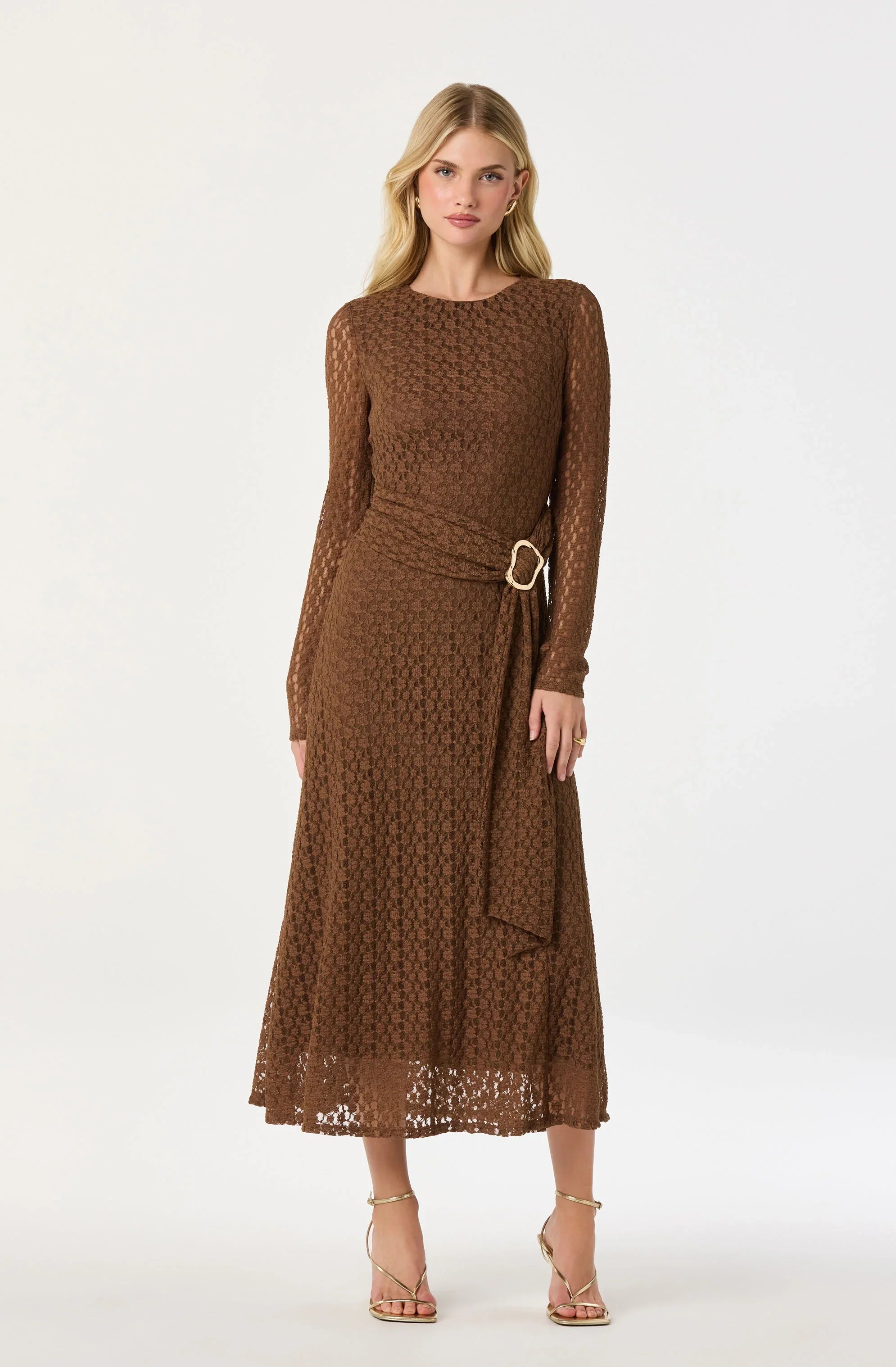 Belted Lace Midi Dress