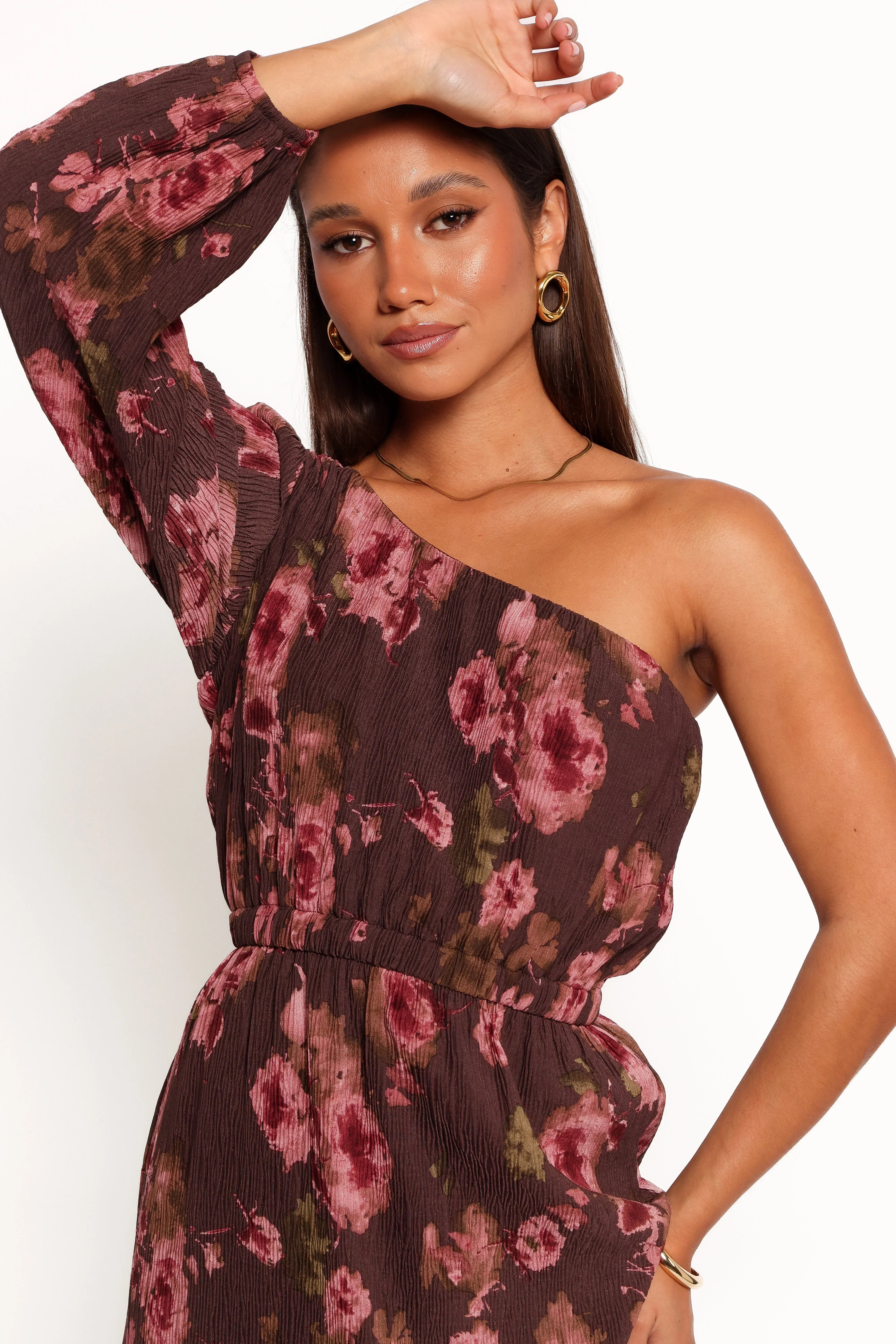 Pontee One Shoulder Pleated Midi Dress - Chocolate Brown