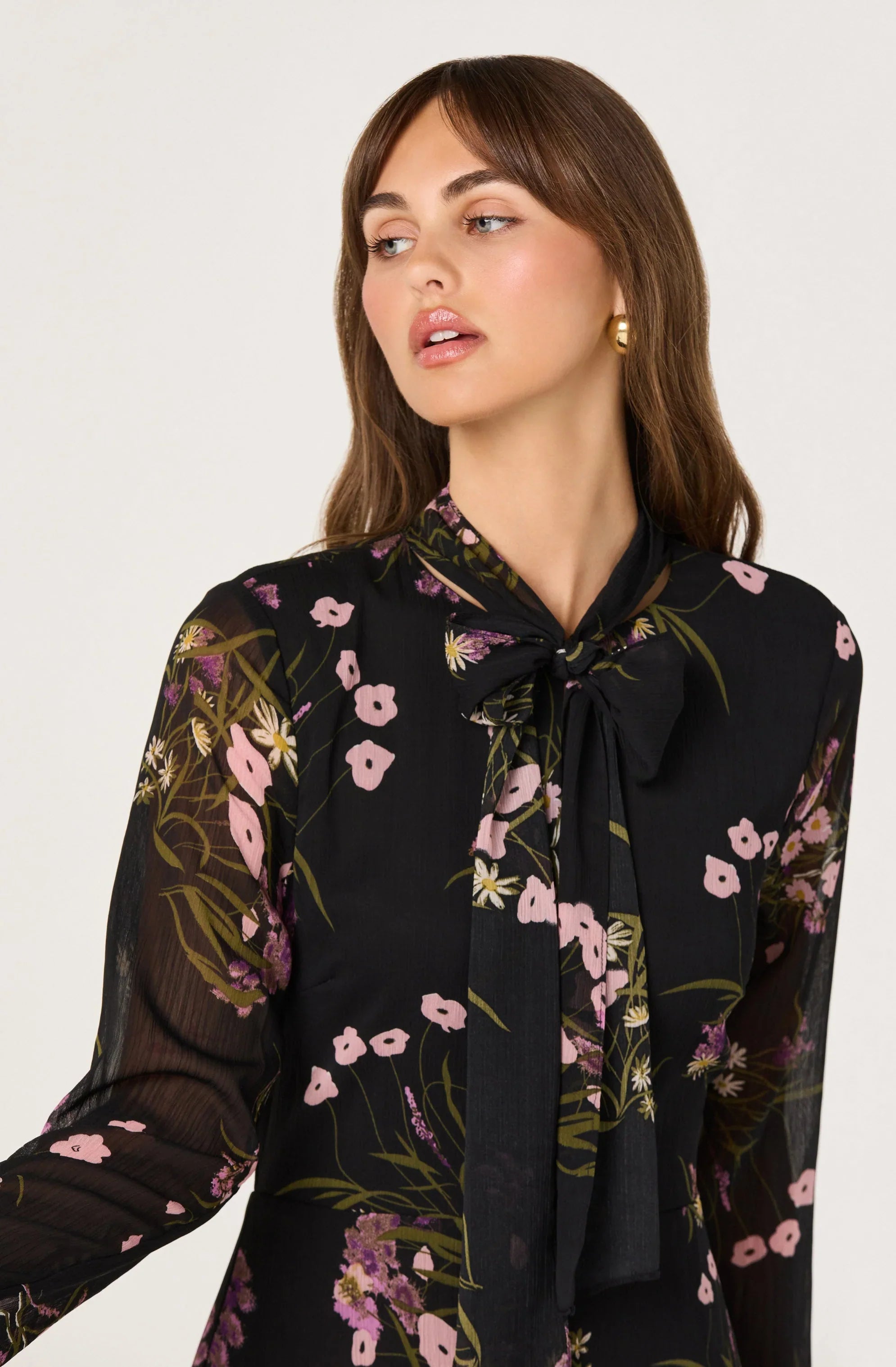 Tie-Neck Ruffled Floral Midi Dress