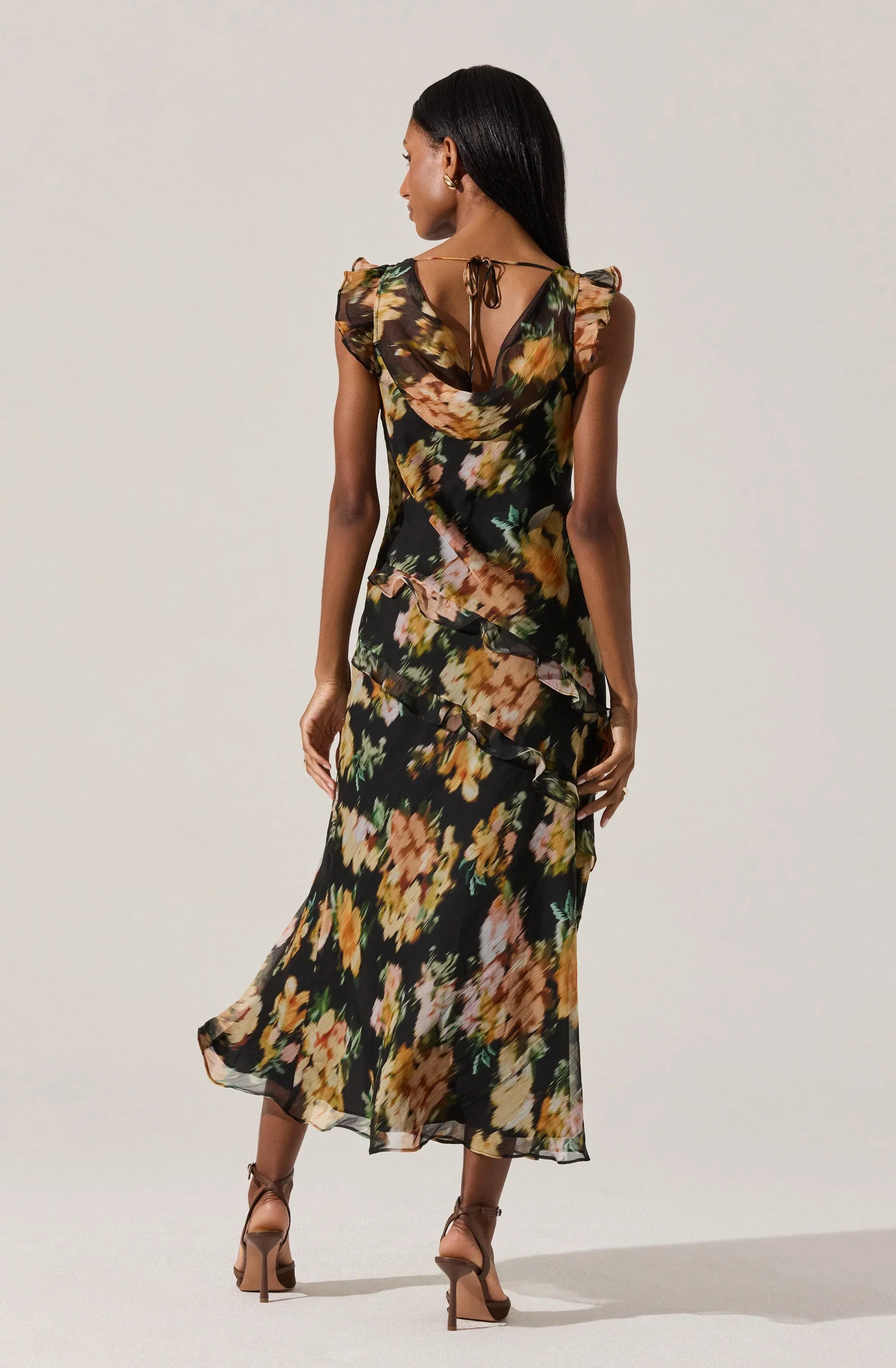 Alinta Floral Ruffle Cowl Neck Midi Dress