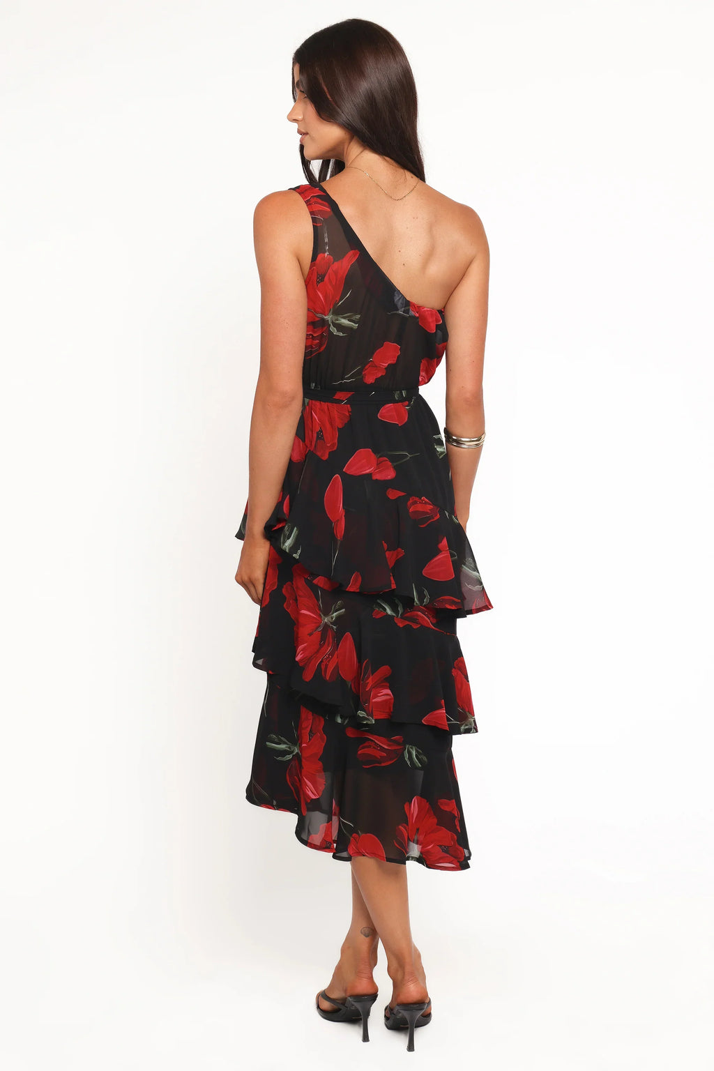 Brigette One Shoulder Tiered Midi Dress - Red Floral