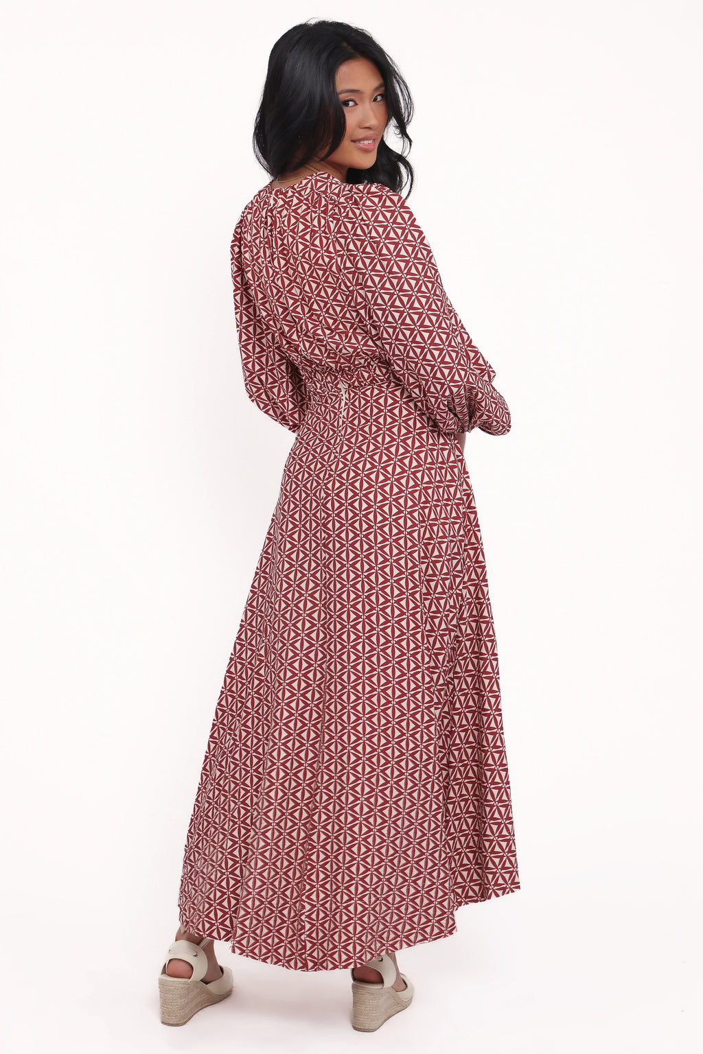 Ginnee Puff Sleeve Cutout Midi Dress - Brown Geo