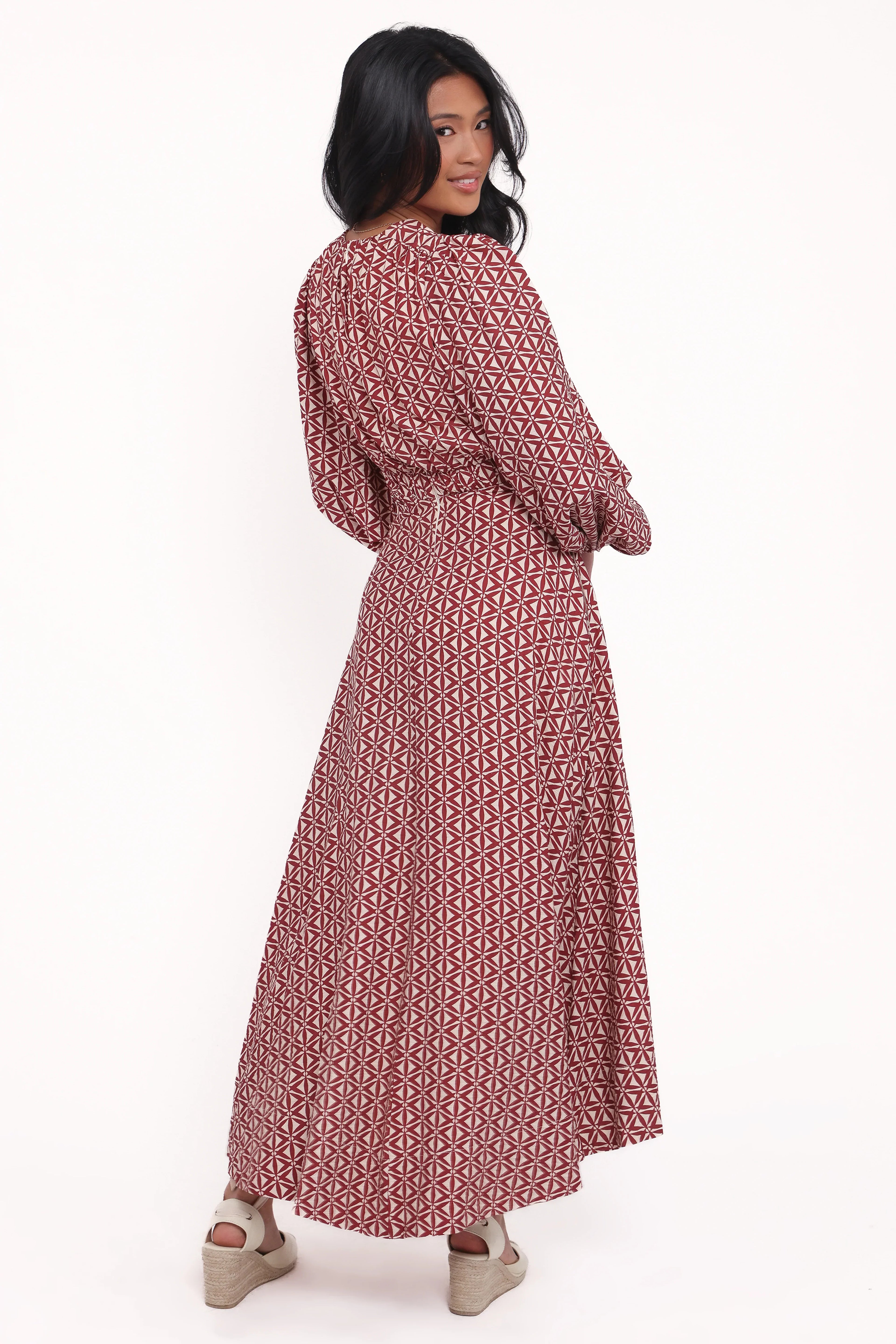 Ginnee Puff Sleeve Cutout Midi Dress - Brown Geo