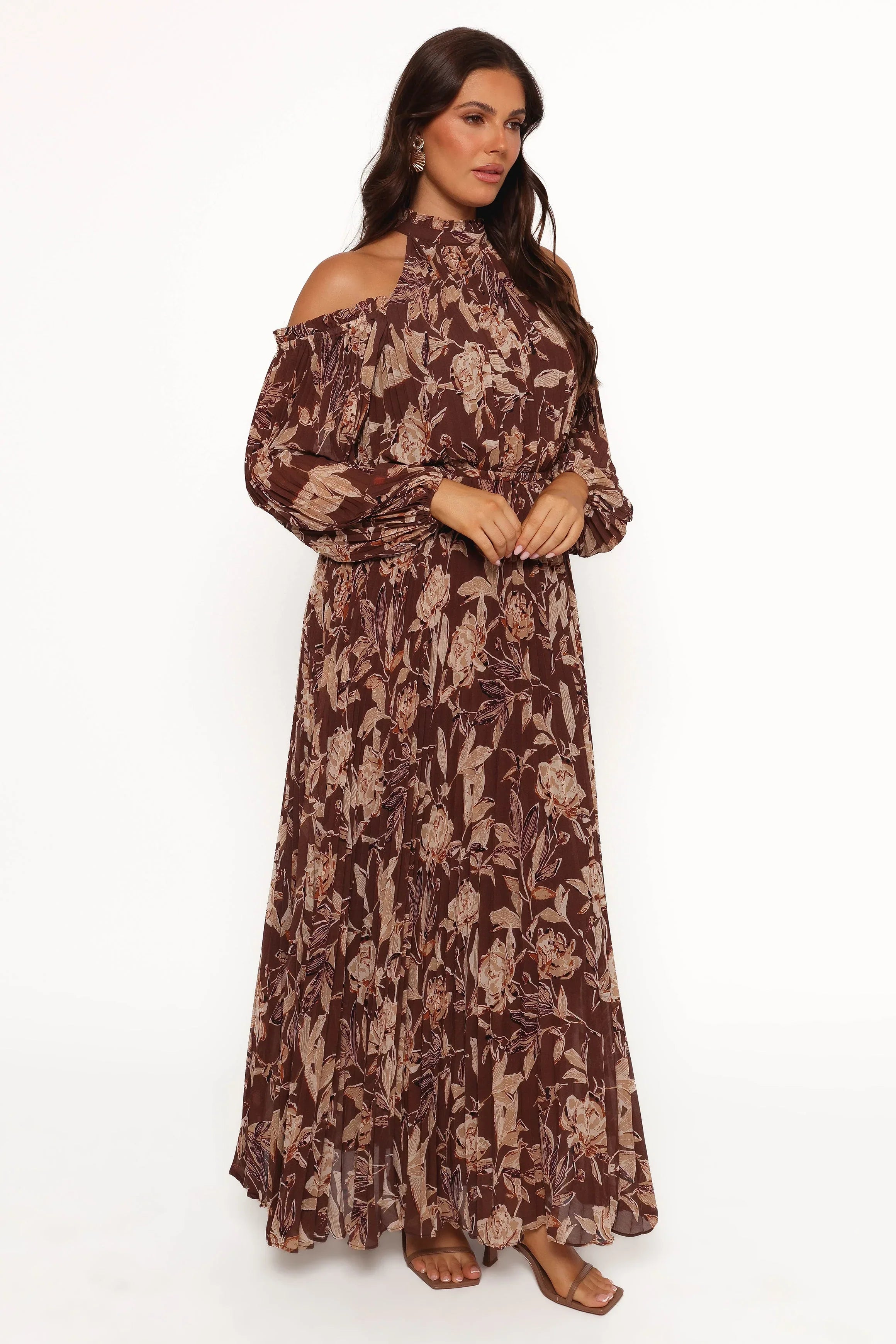 Hilary Pleated Maxi Dress - Brown Floral