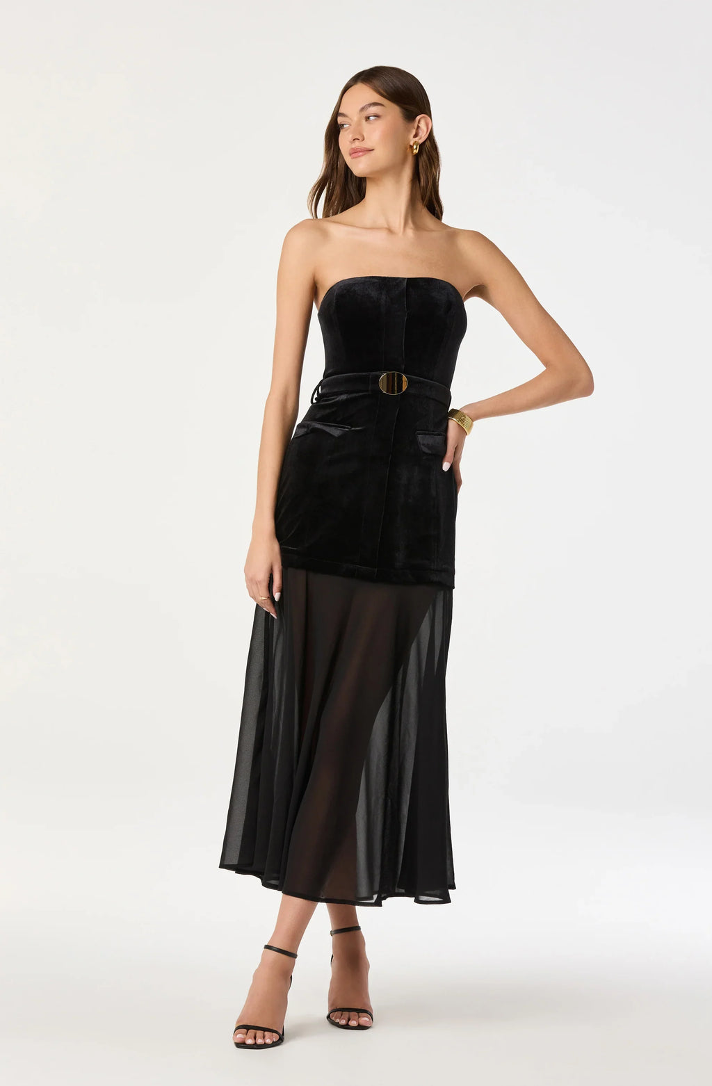Strapless Contrast Belted Midi Dress