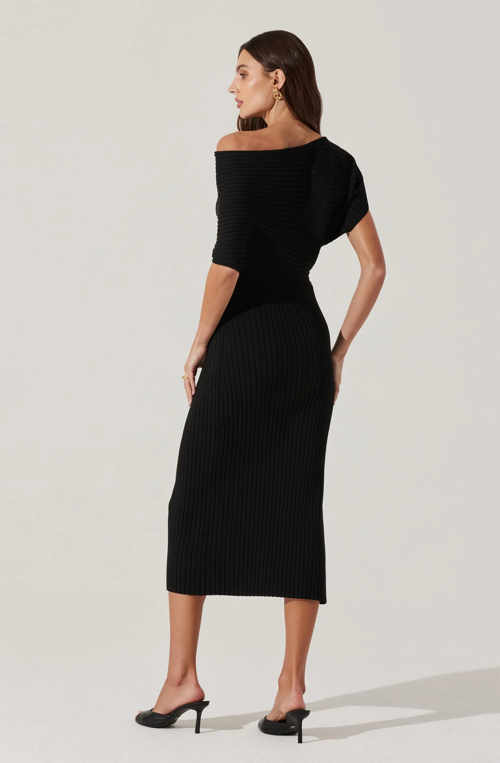 Off Shoulder Ribbed Midi Sweater Dress
