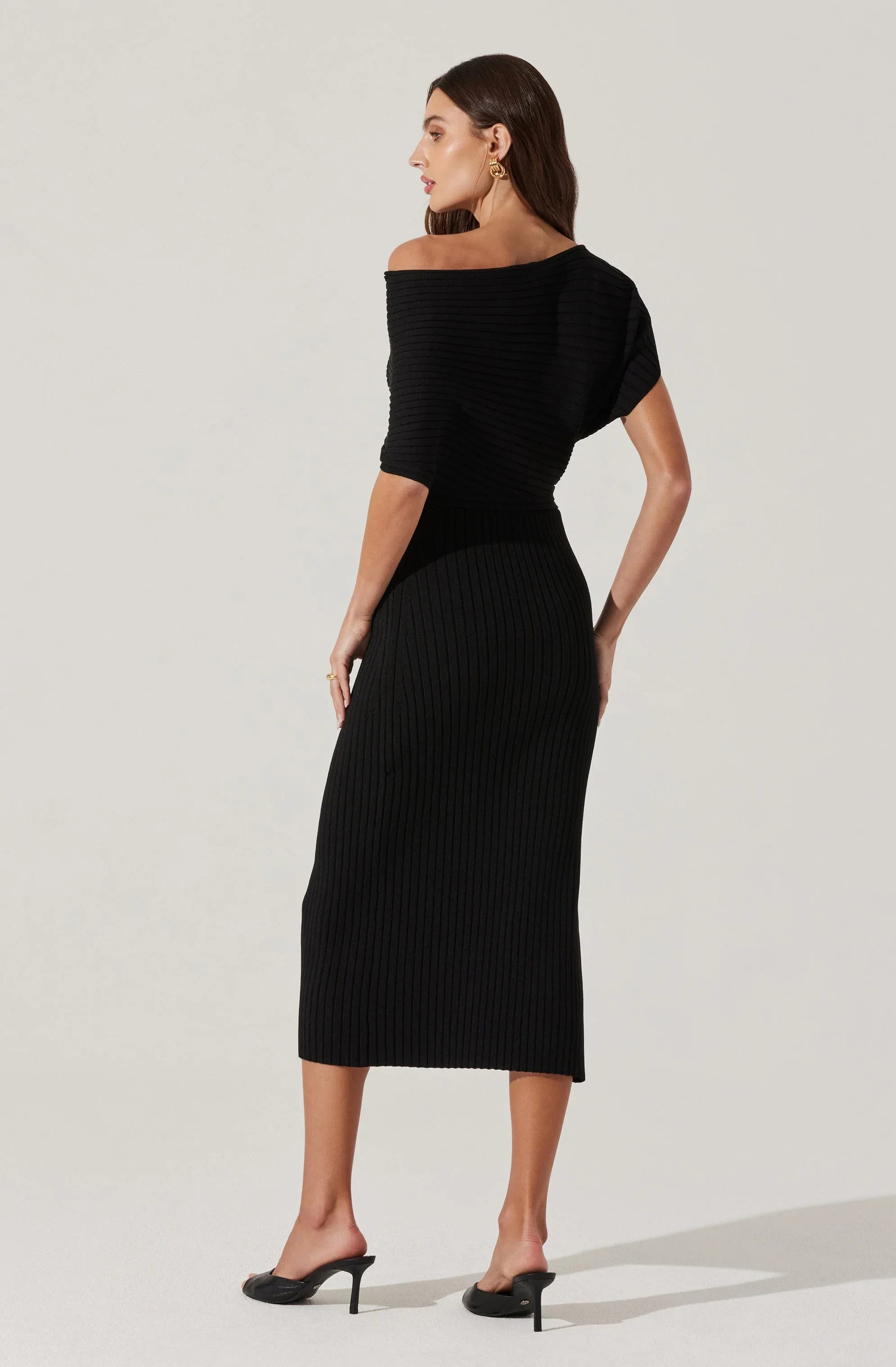 Off Shoulder Ribbed Midi Sweater Dress