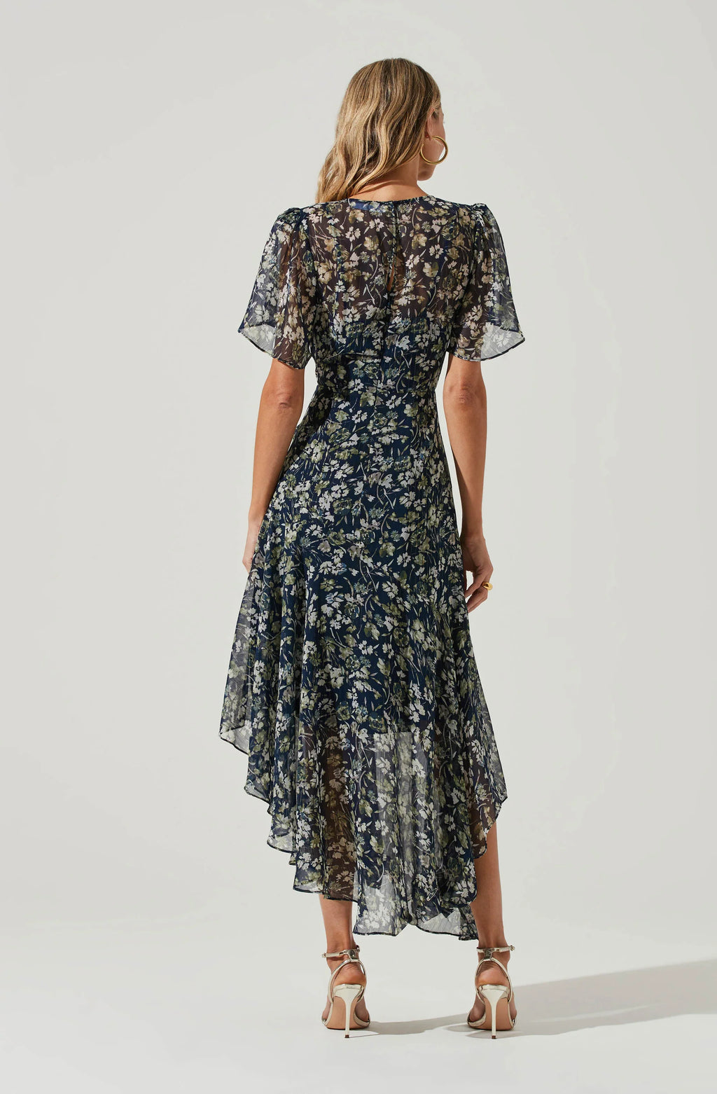 Flutter Sleeve Floral Asymmetric Maxi Dress