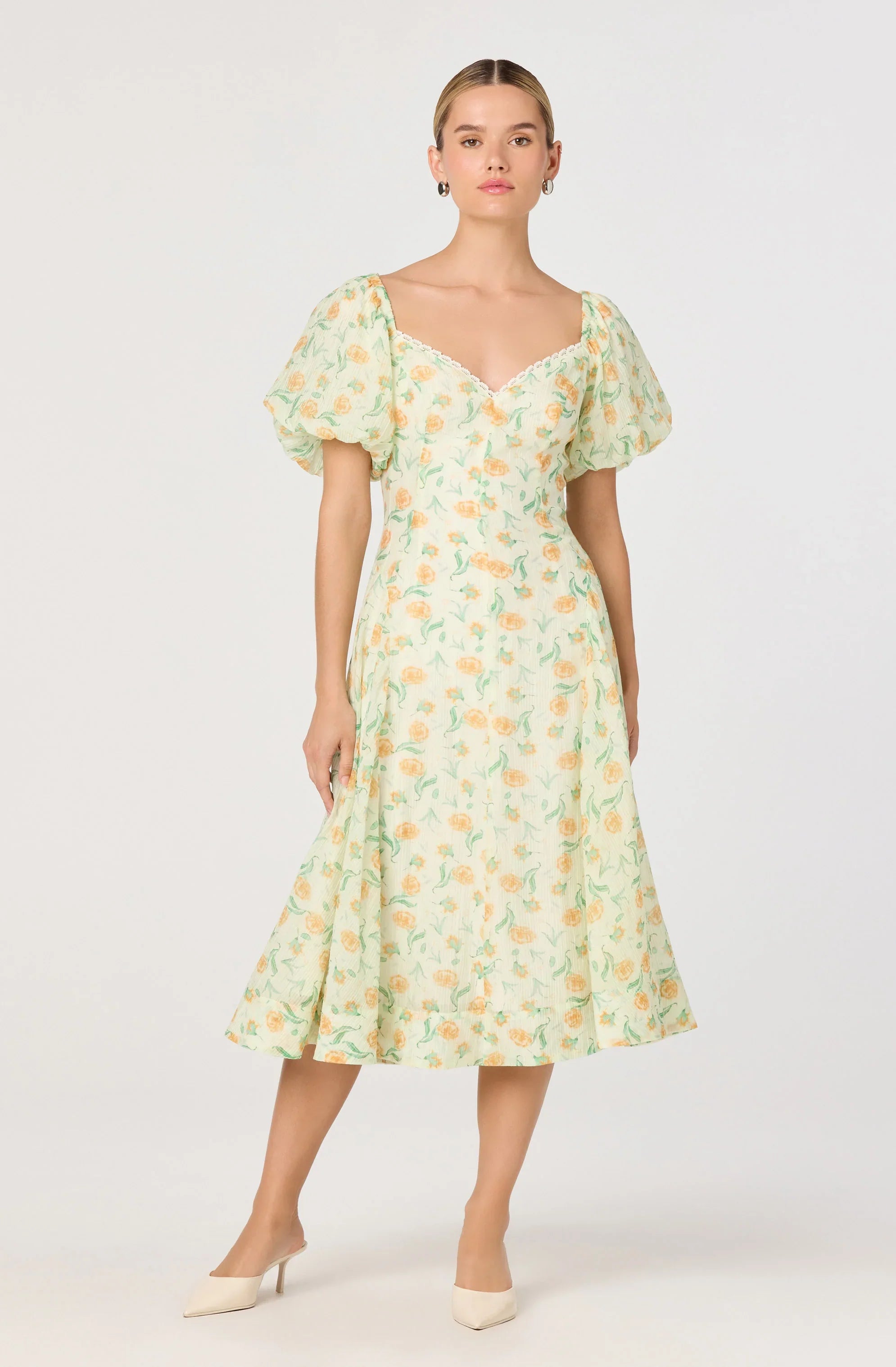 Mayra Floral Plissé Puff Sleeve Midi Dress