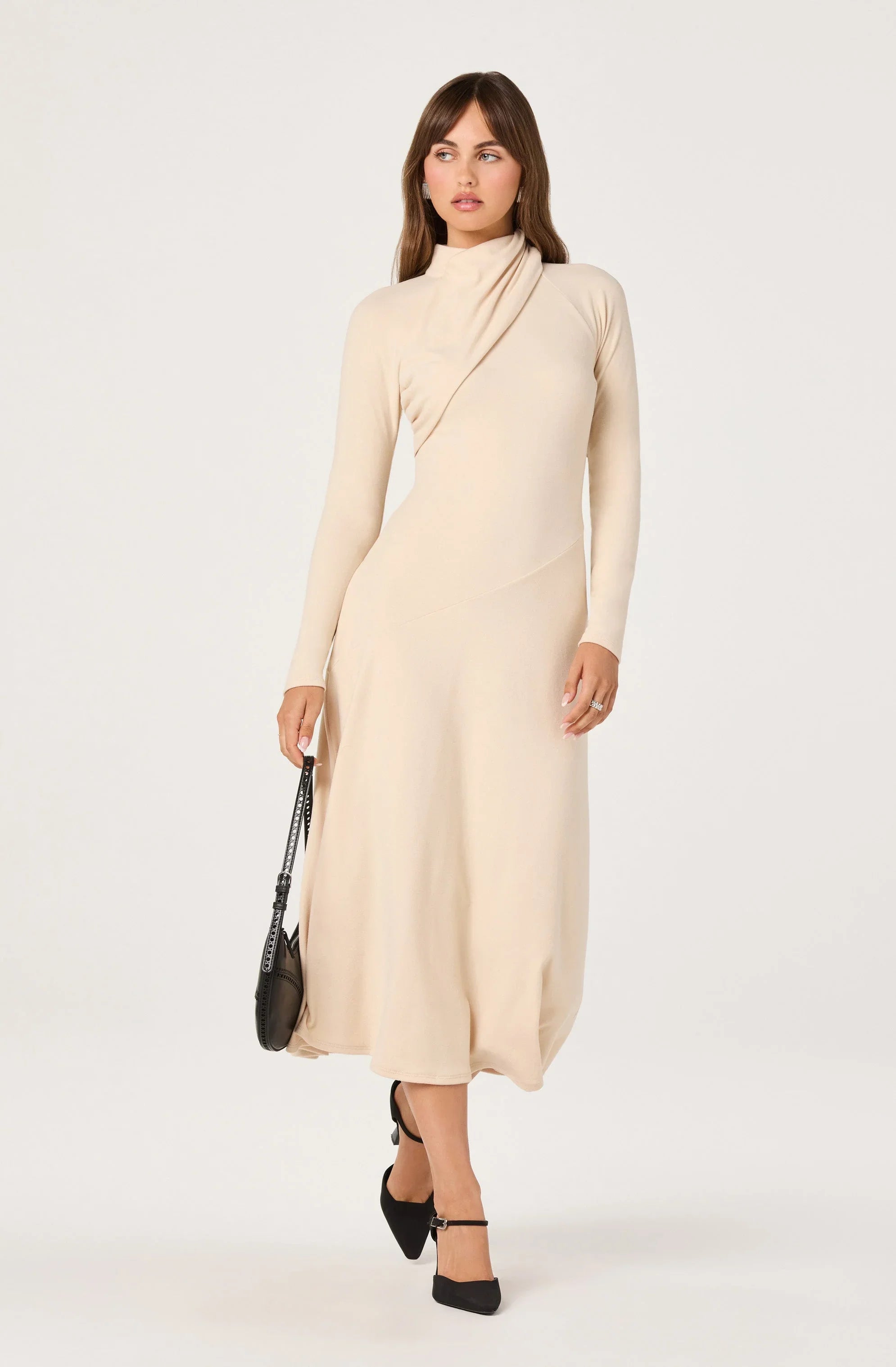 Asymmetric Draped Mock Neck Midi Dress