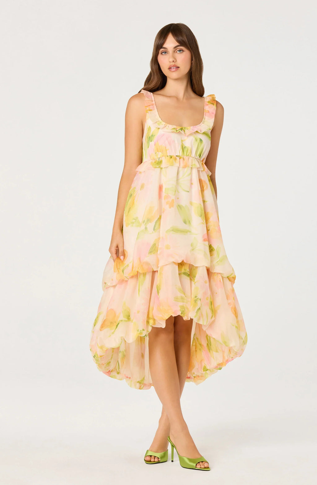 Serenidy Floral Ruffle Tiered High-Low Midi Dress