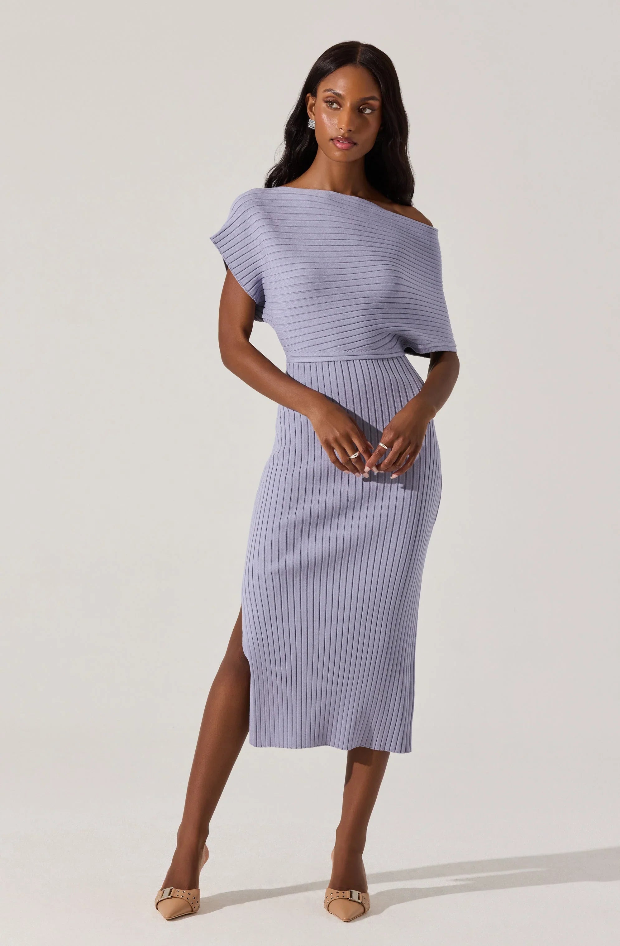 Off Shoulder Ribbed Midi Sweater Dress