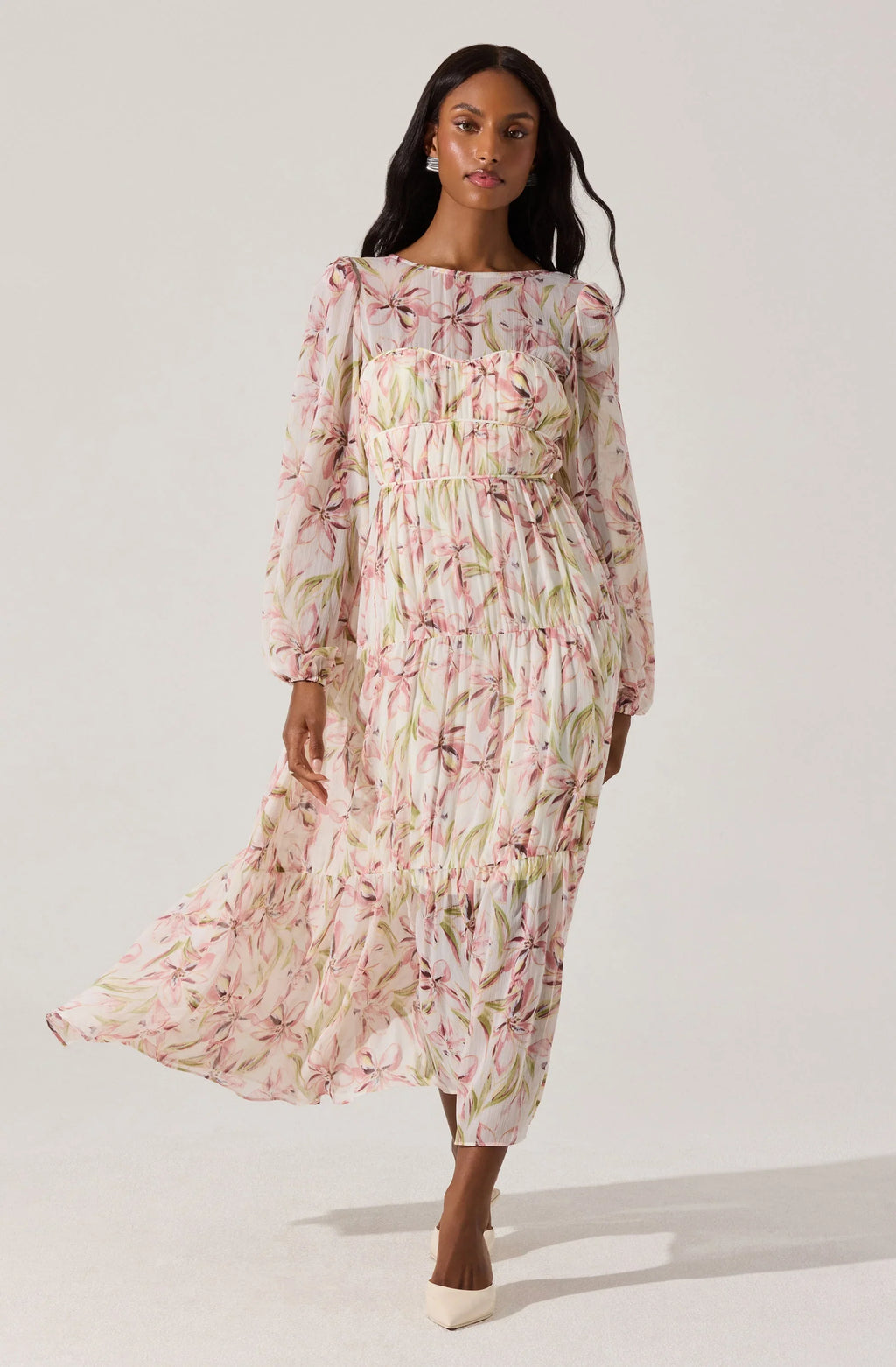 Pleated Chiffon Floral Midi Dress