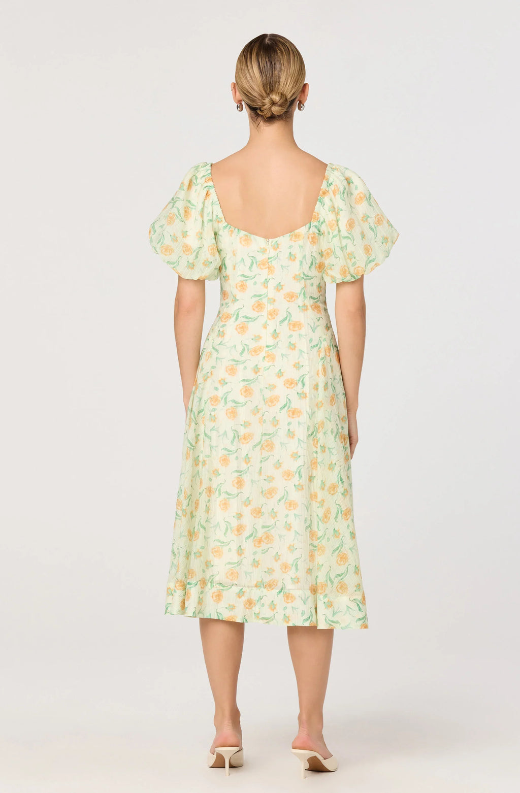 Mayra Floral Plissé Puff Sleeve Midi Dress