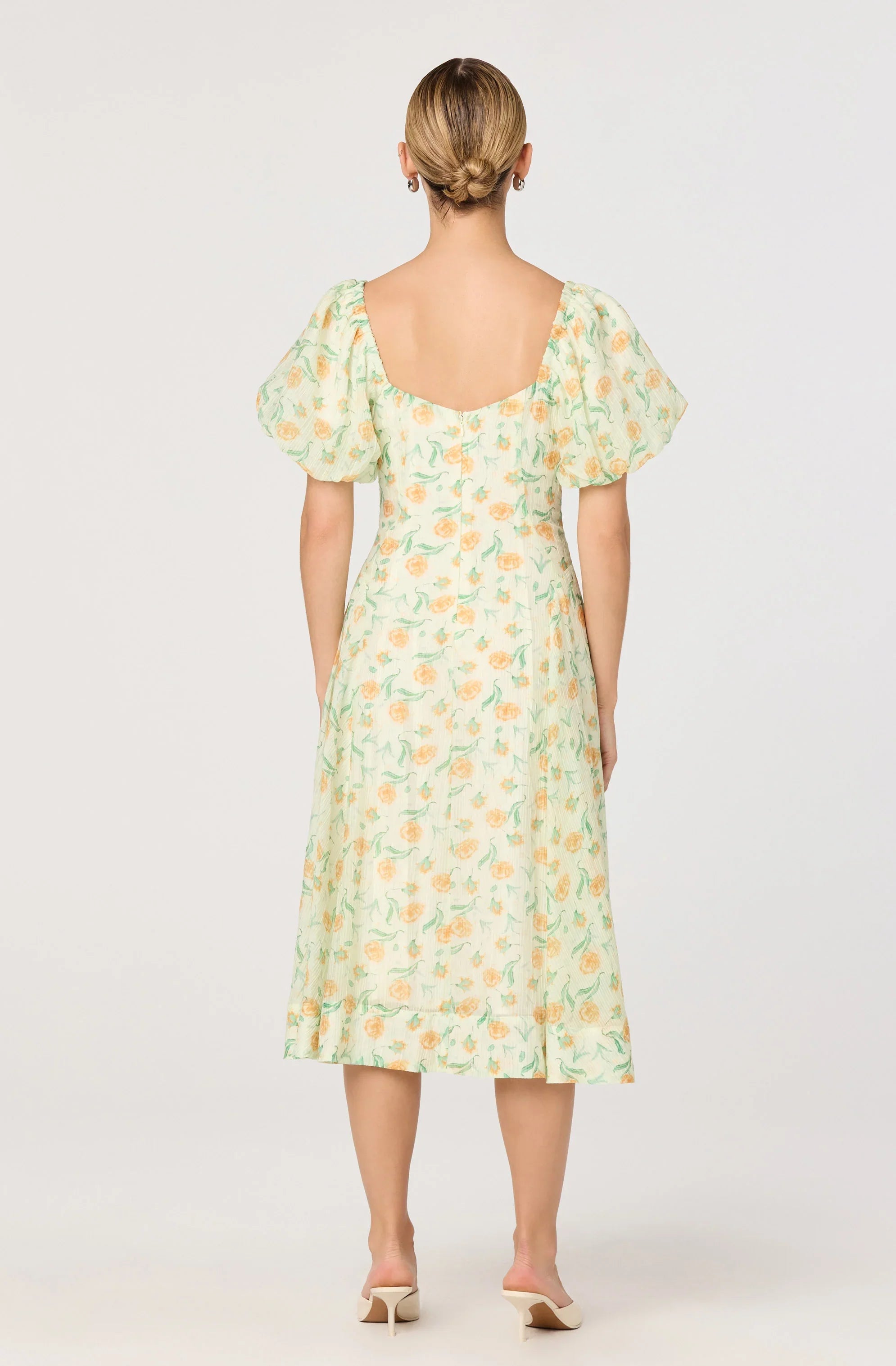 Mayra Floral Plissé Puff Sleeve Midi Dress