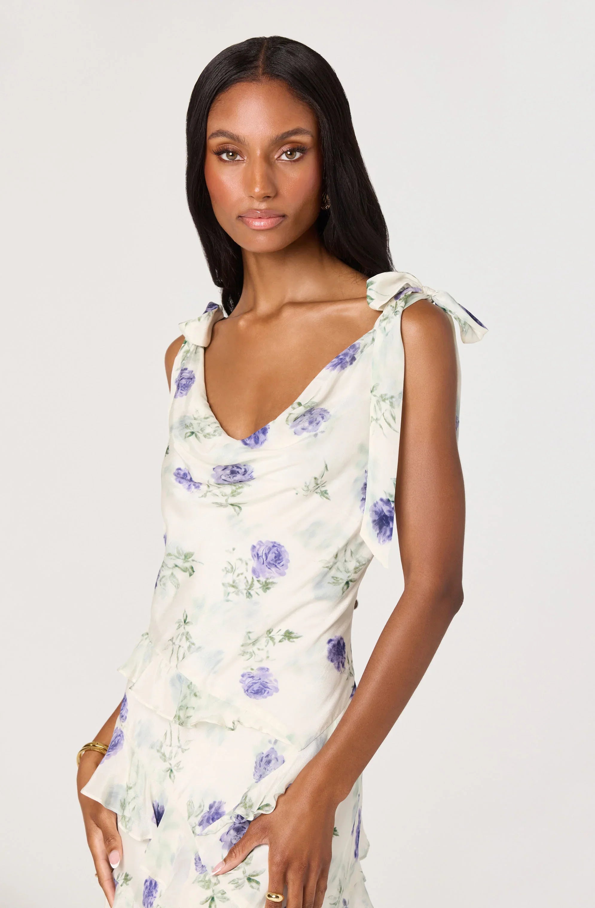 Fen Floral Tie-Strap Ruffle Midi Dress