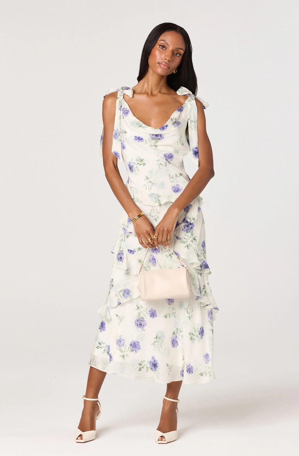 Fen Floral Tie-Strap Ruffle Midi Dress