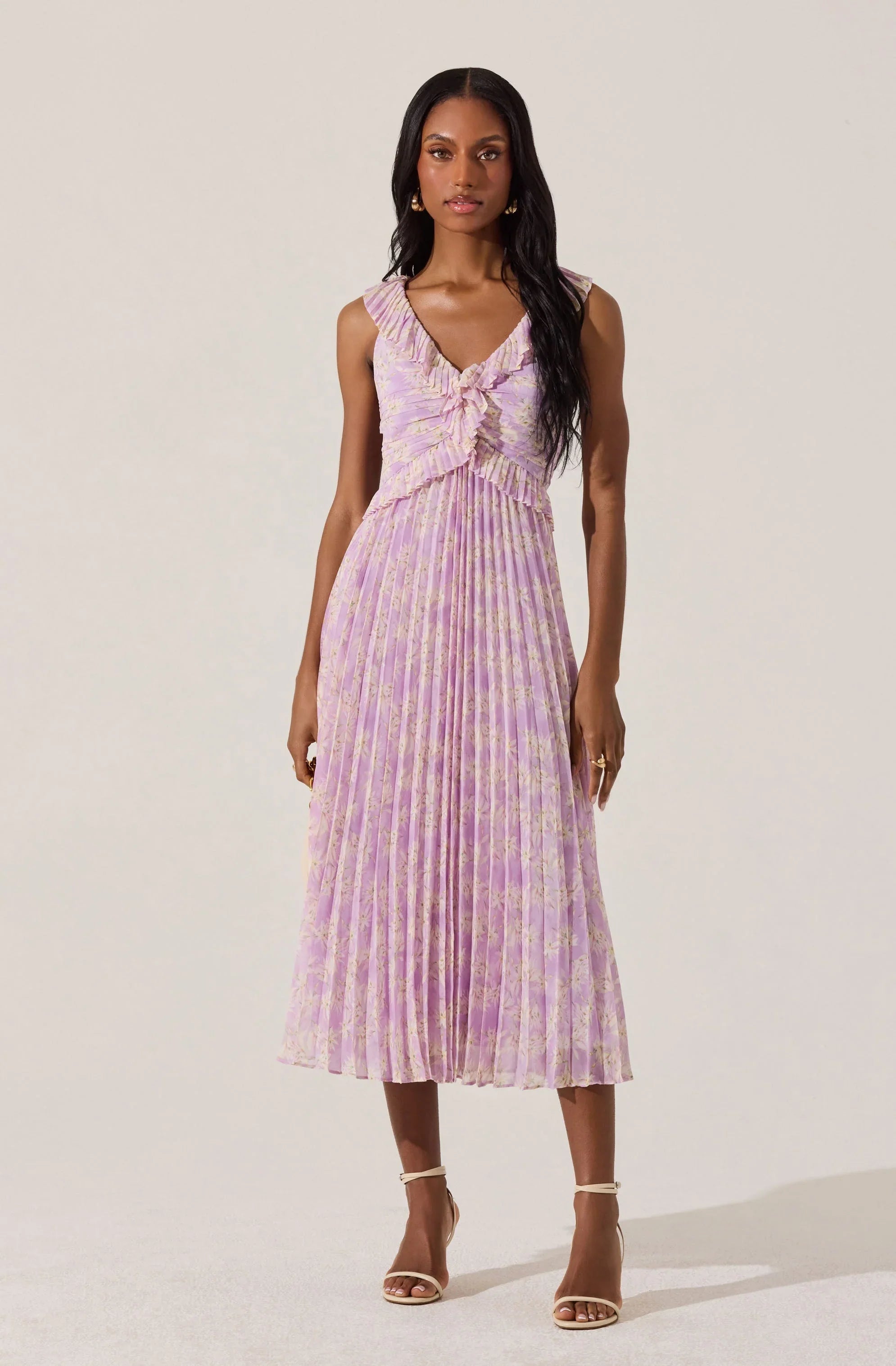 Floral Ruffle Pleated Midi Dress