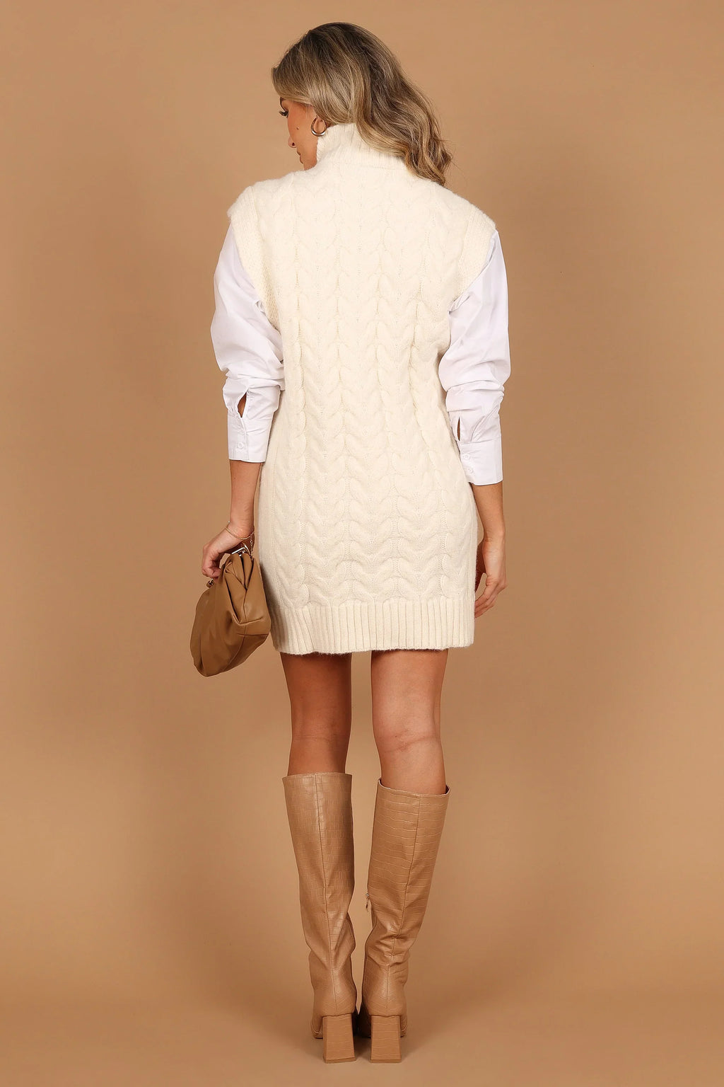 Cozette Turtle Neck Sleeveless Mini Knit Dress - Cream