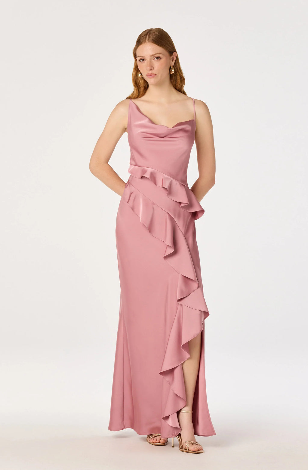 Adelina Satin Ruffle Maxi Dress
